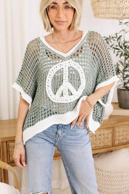 Pol - Oversize V-Neck Short Sleeve Peace Sign Sweater (S-L)