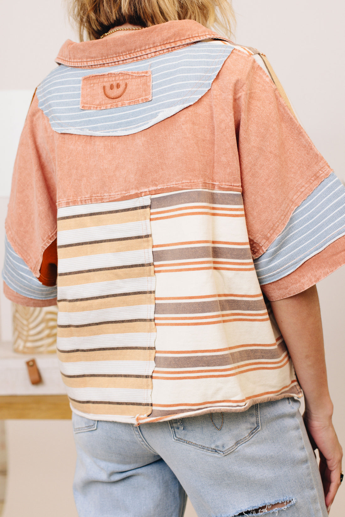 Washed Stripe Mixed Short Sleeve Top (S-XL)