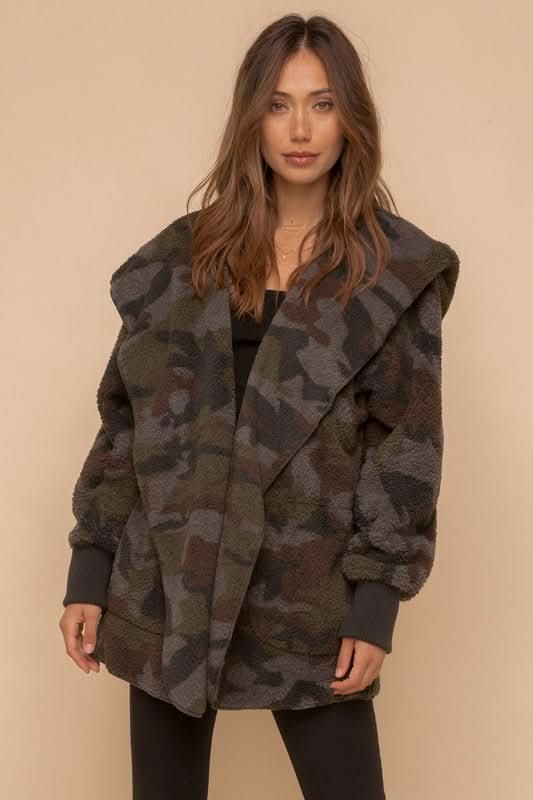 Camo Print Fur Open Hooded Jacket (S-L)