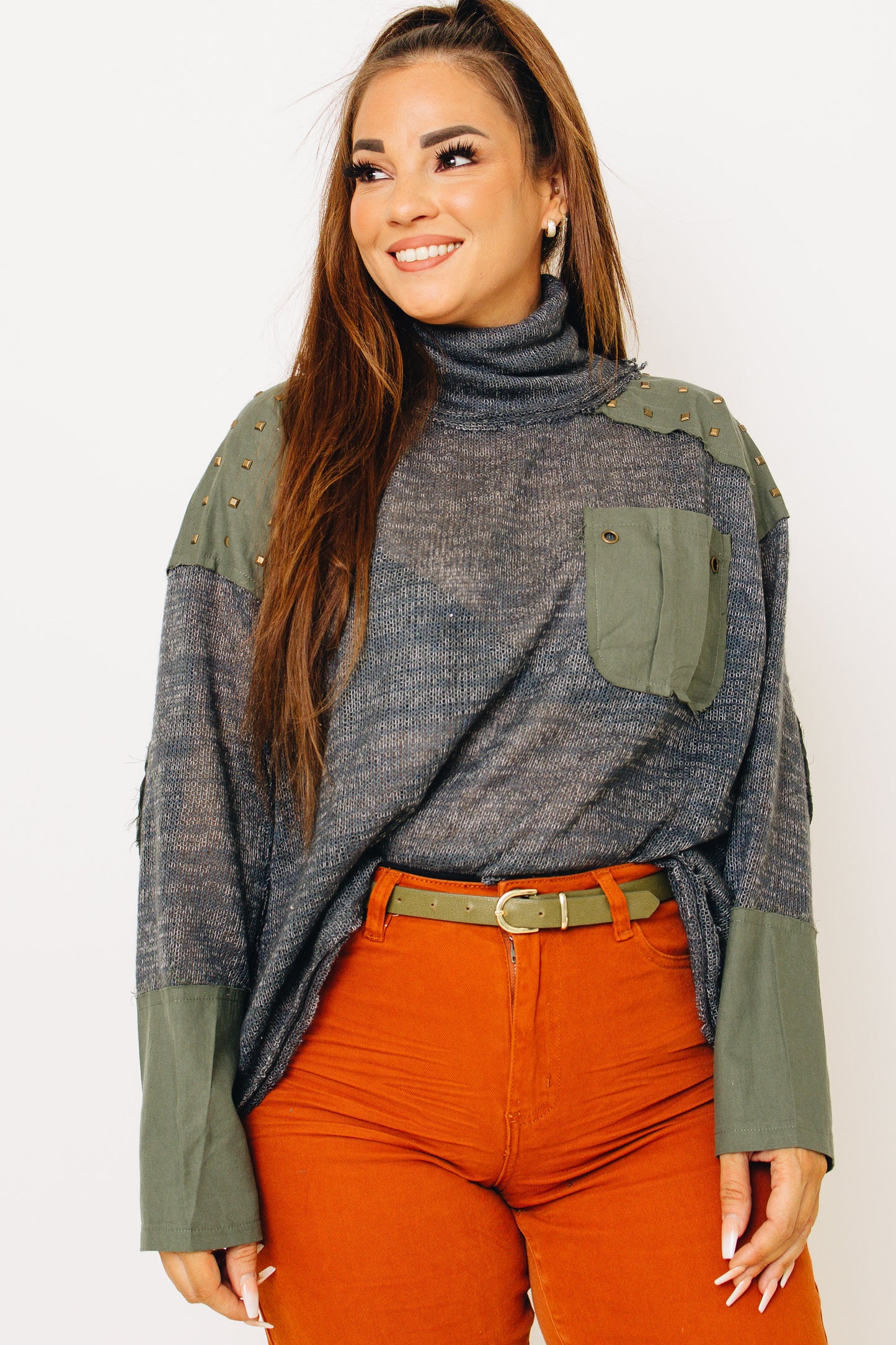 Pol - Studded Turtle Neck Knit Sweater Top (S-L)