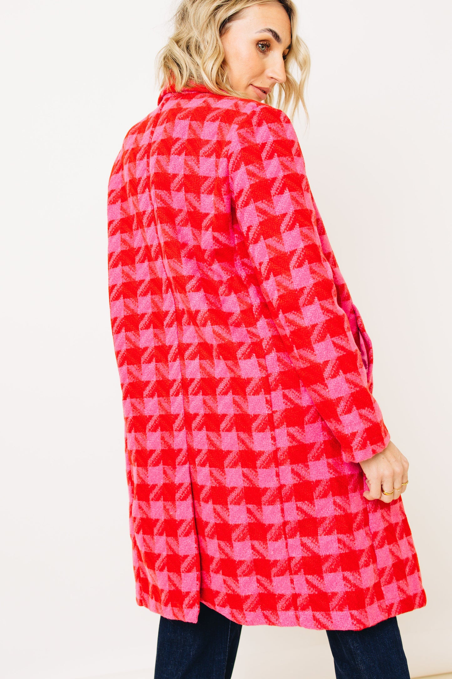 Pink and Red Houndstooth Blazer Coat  (S-3XL)