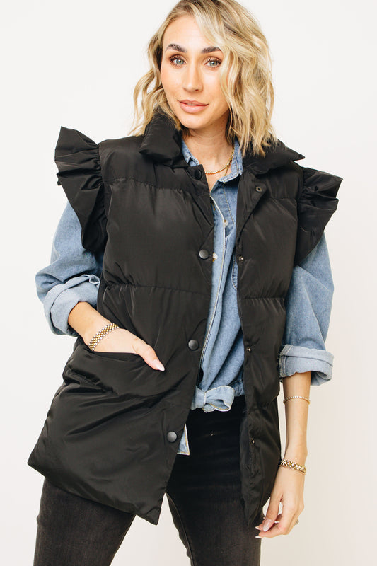 Ivy Exclusive - Ruffle Sleeve Puffer Vest In Black (S-3XL)