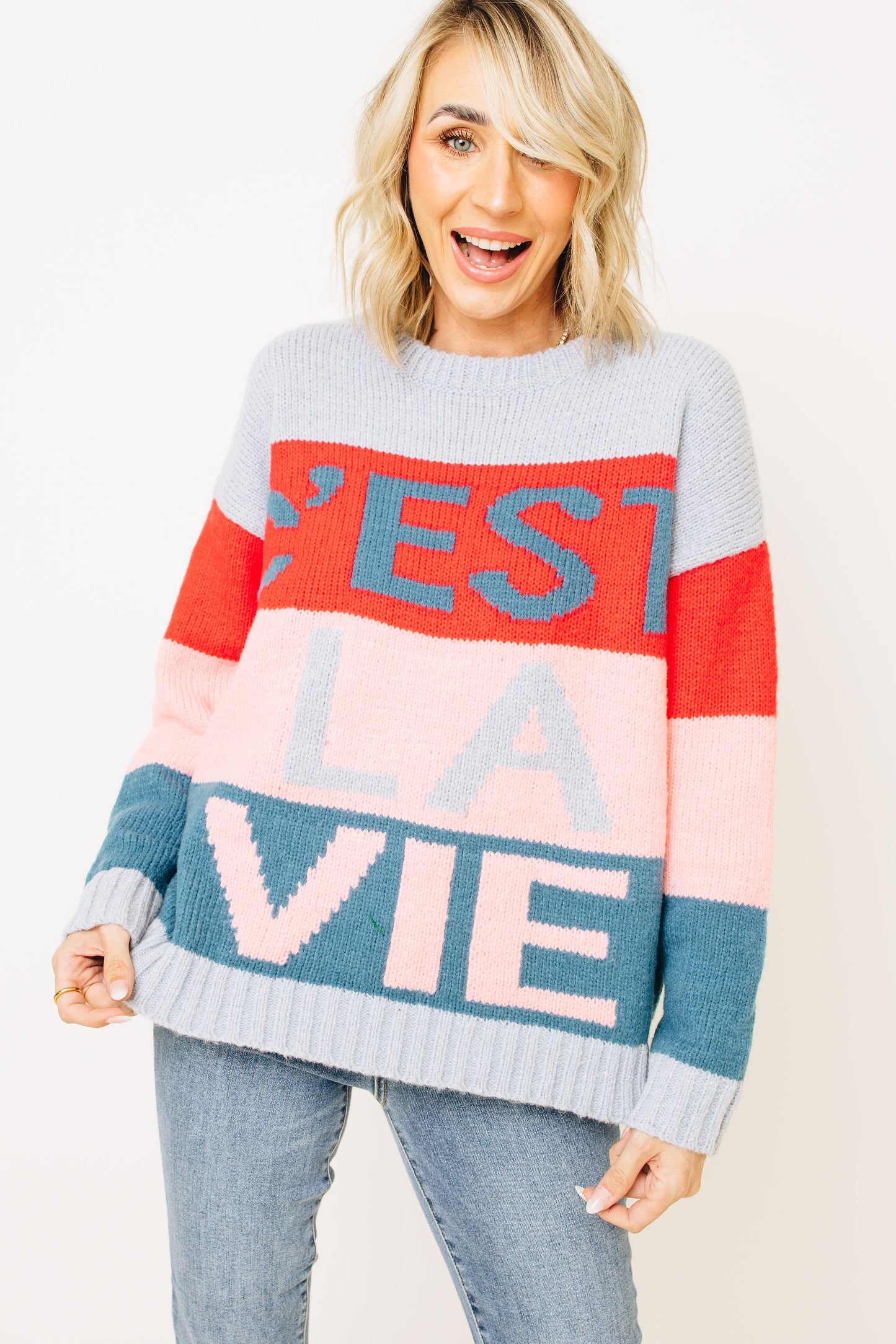 C'EST LA VIE Graphic Color Block Sweater (S-L)