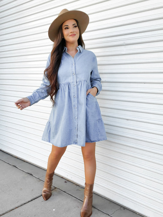 Darlin Tiered Button Up Long Sleeve Denim Dress