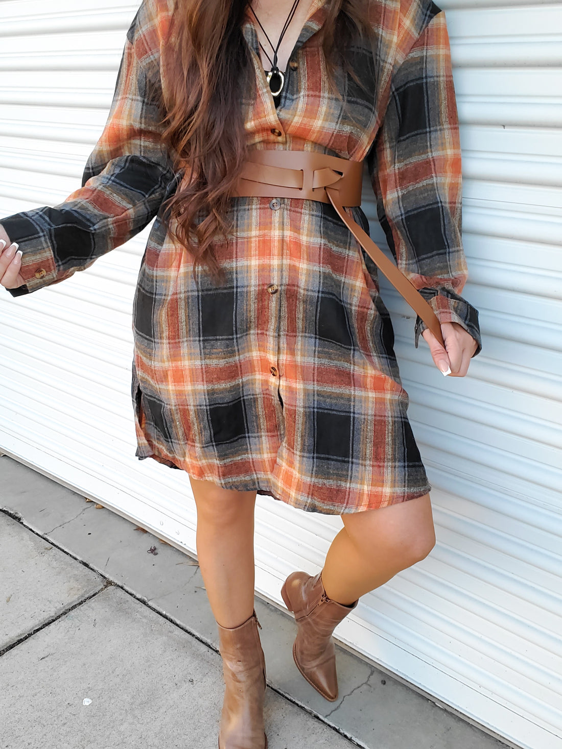 Mandy Plaid Collared Neck Long Sleeve Versatile Shirt Dress