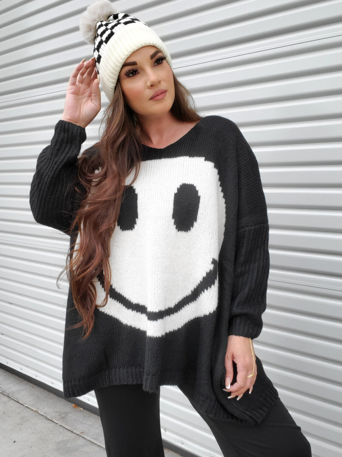 Happy days Smiling Face V-Neck Long Sleeve Sweater