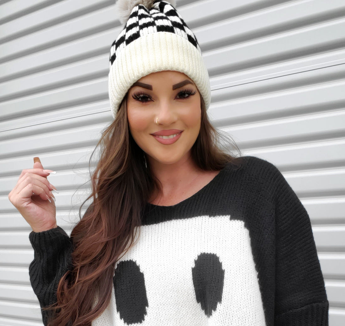 Checkered Knit Hat with Pompom