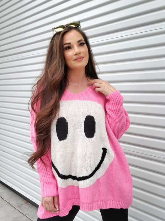 Happy days Smiling Face V-Neck Long Sleeve Sweater