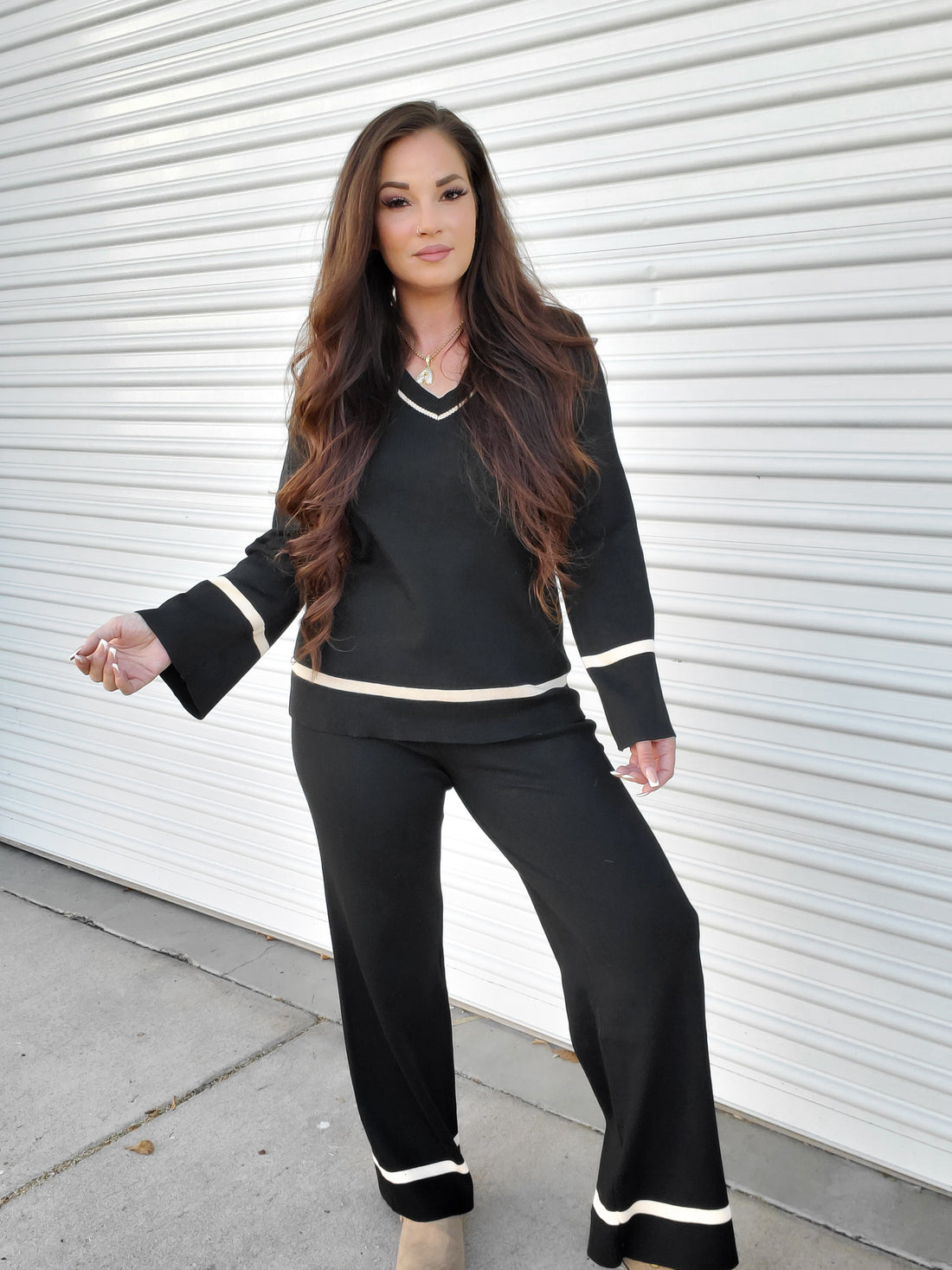 Nora Perfee V-Neck Long Sleeve Top and Pants Set