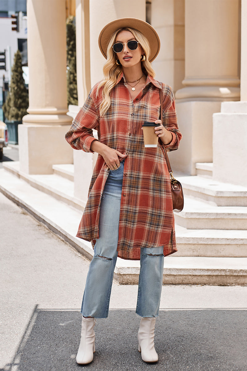 Mandy Plaid Collared Neck Long Sleeve Versatile Shirt Dress