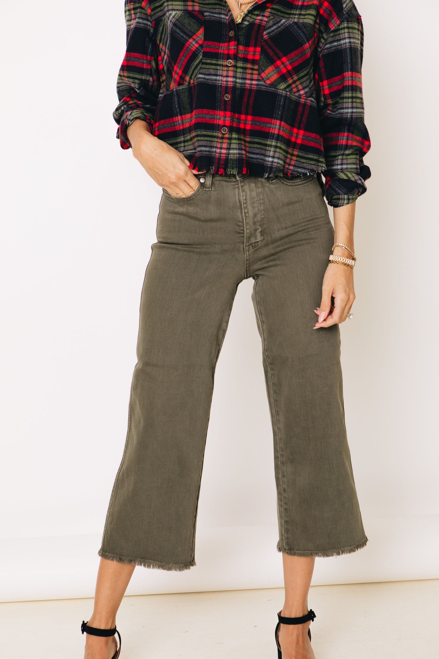 Judy Blue - Olivette Tummy Control Crop Wide Leg Olive Jeans (0-24W)