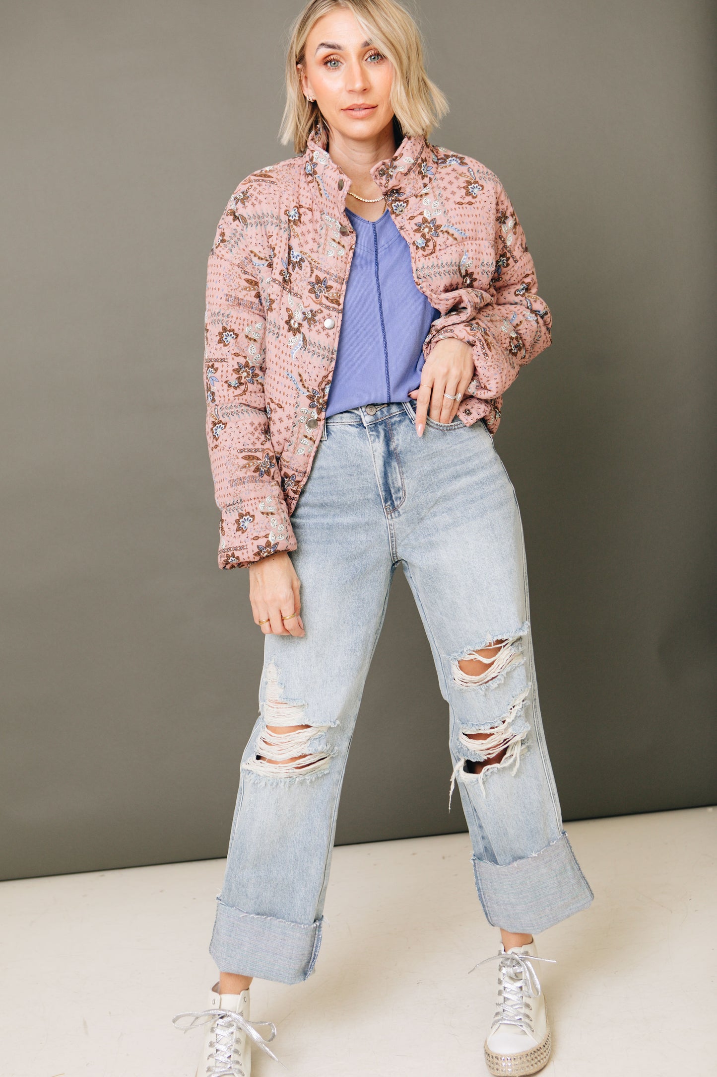 Pink Posy Floral Puff Jacket (S-3XL)