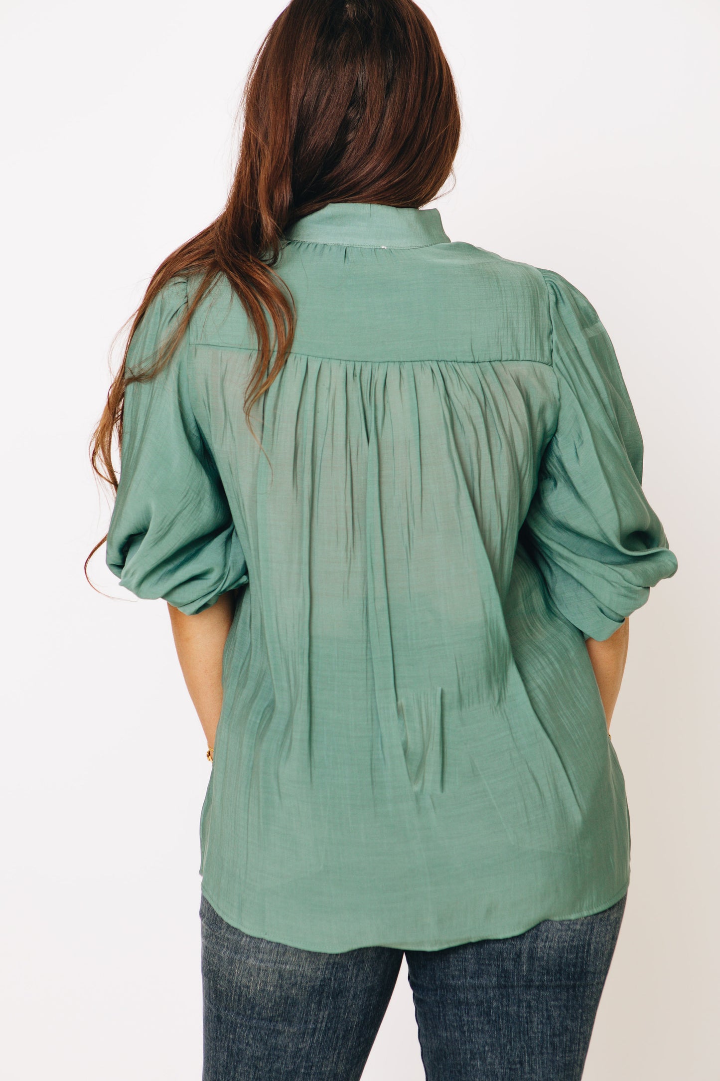 Solid Color Jewel Button Short Balloon Sleeve Blouse (S-3XL)