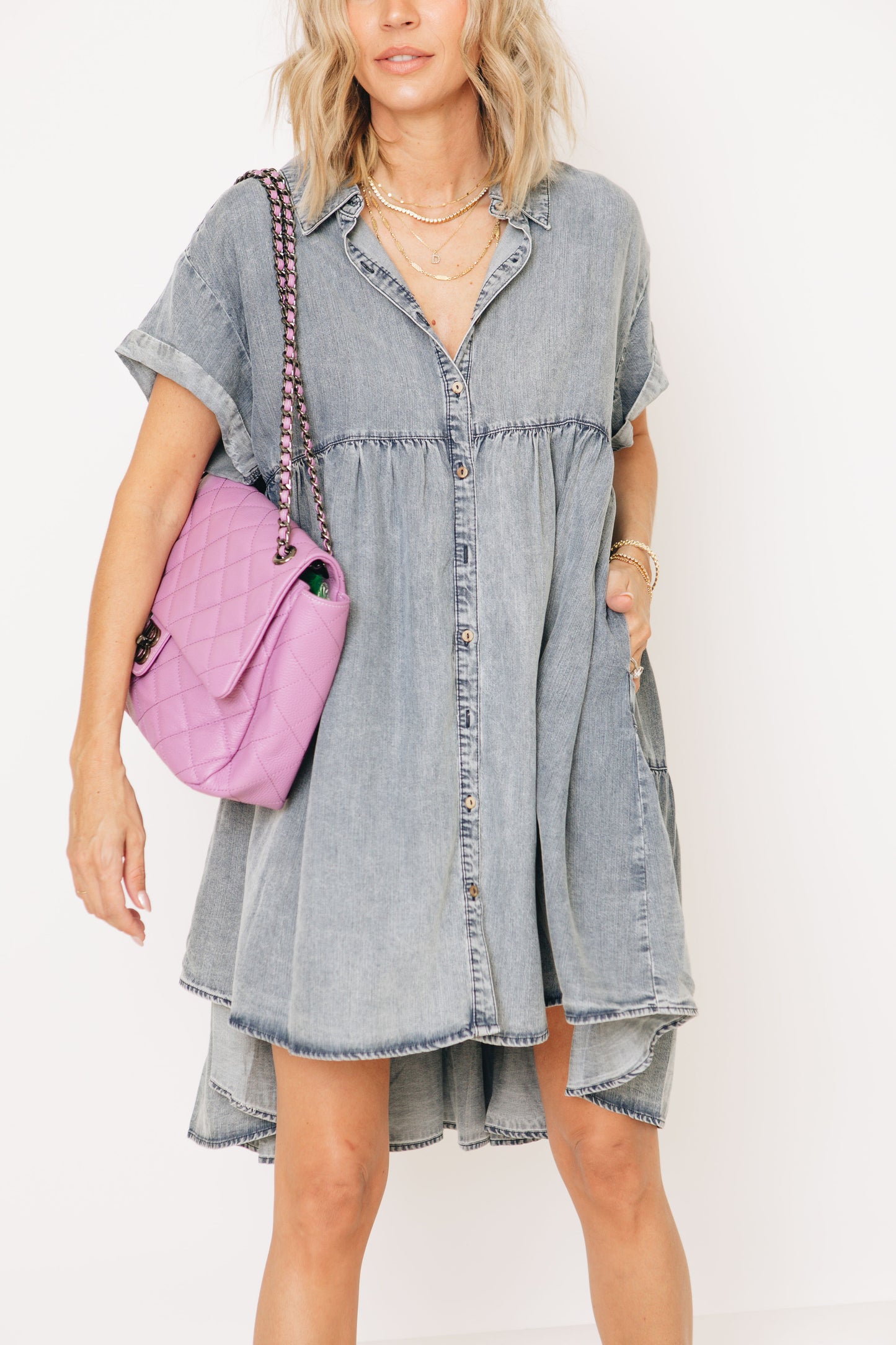 Mineral Washed Tencel Tiered Button Down Dress (Fits S-3XL)