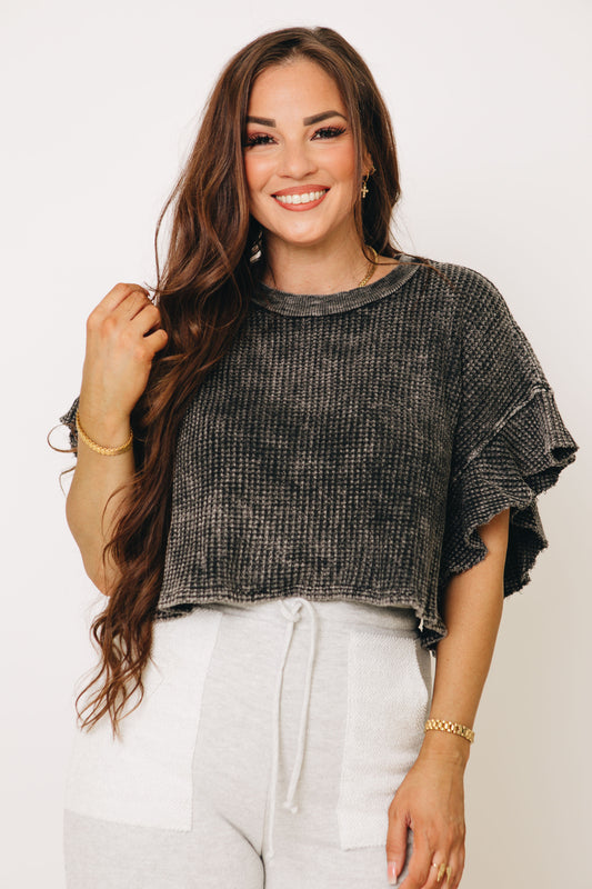 Mineral-Wash Ruffled Sleeve Cropped Top (S-L)