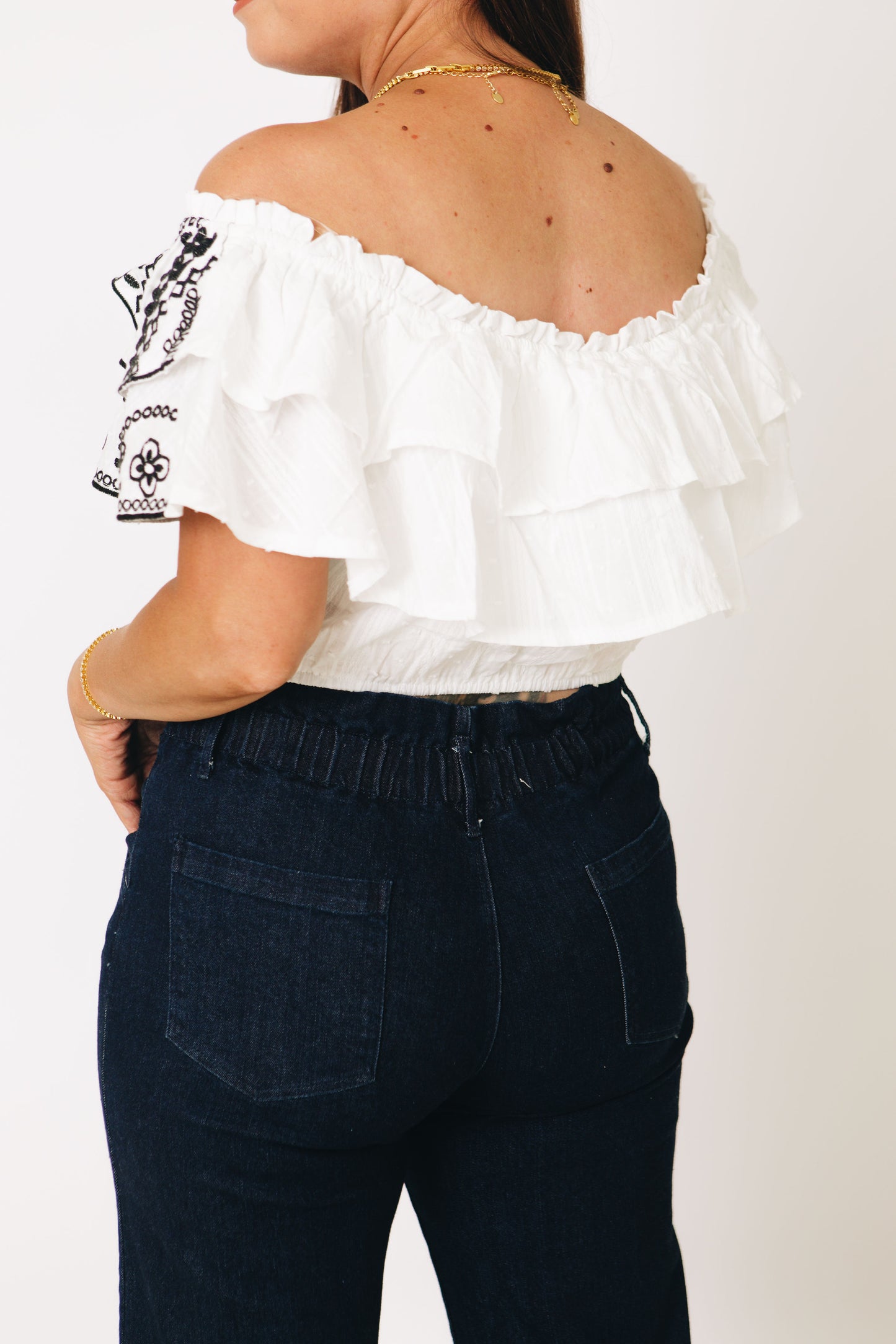 Muy Caliente Embroidered Off the Shoulder Puff Sleeve Cropped Top (S-L)