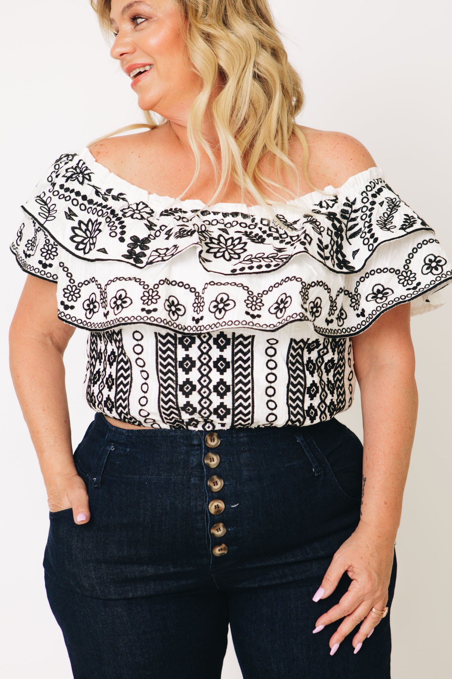 Muy Caliente Embroidered Off the Shoulder Puff Sleeve Cropped Top (S-L)