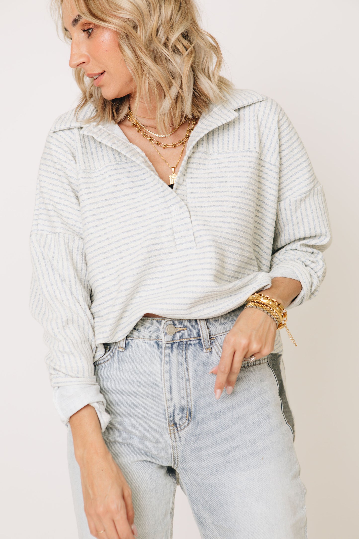 Madelaine Ribbed Button Up Long Sleeve Pullover Top  (S-L)