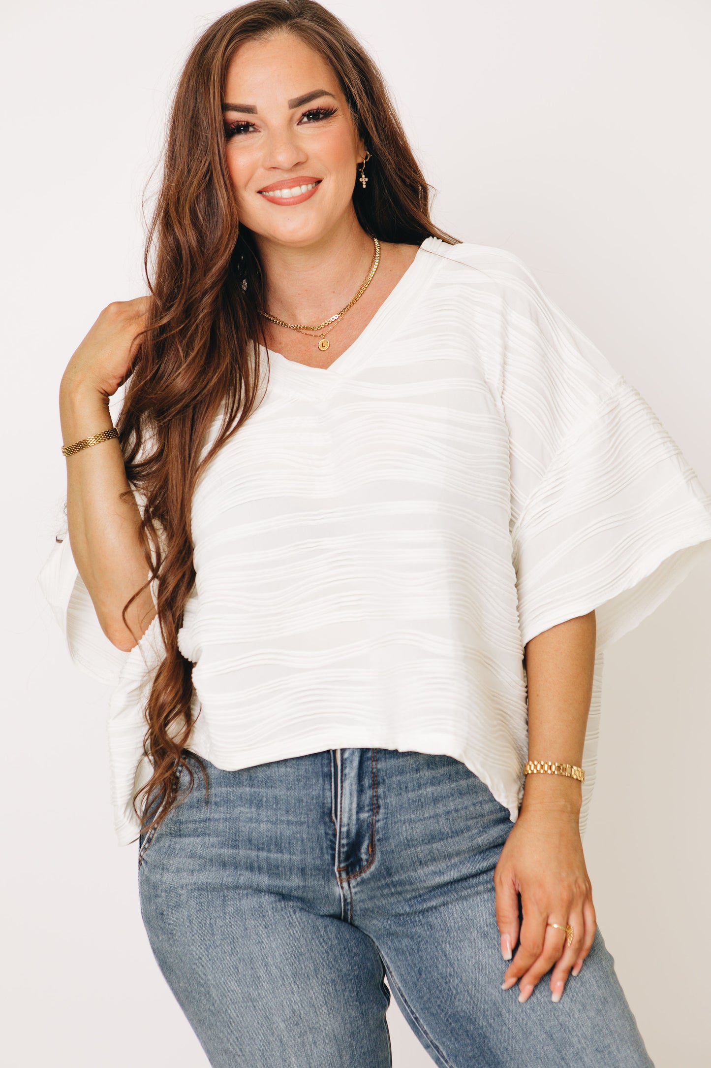 V-Neck Boxy Textured Solid Knit Top (S-L)