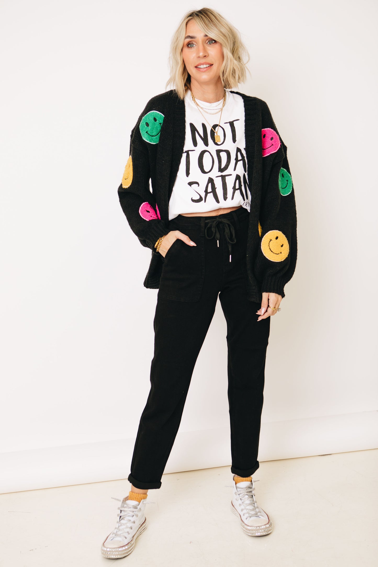 RESTOCKED 8/30 - Smiley Patches Open Front Sweater Cardigan (S-XL)