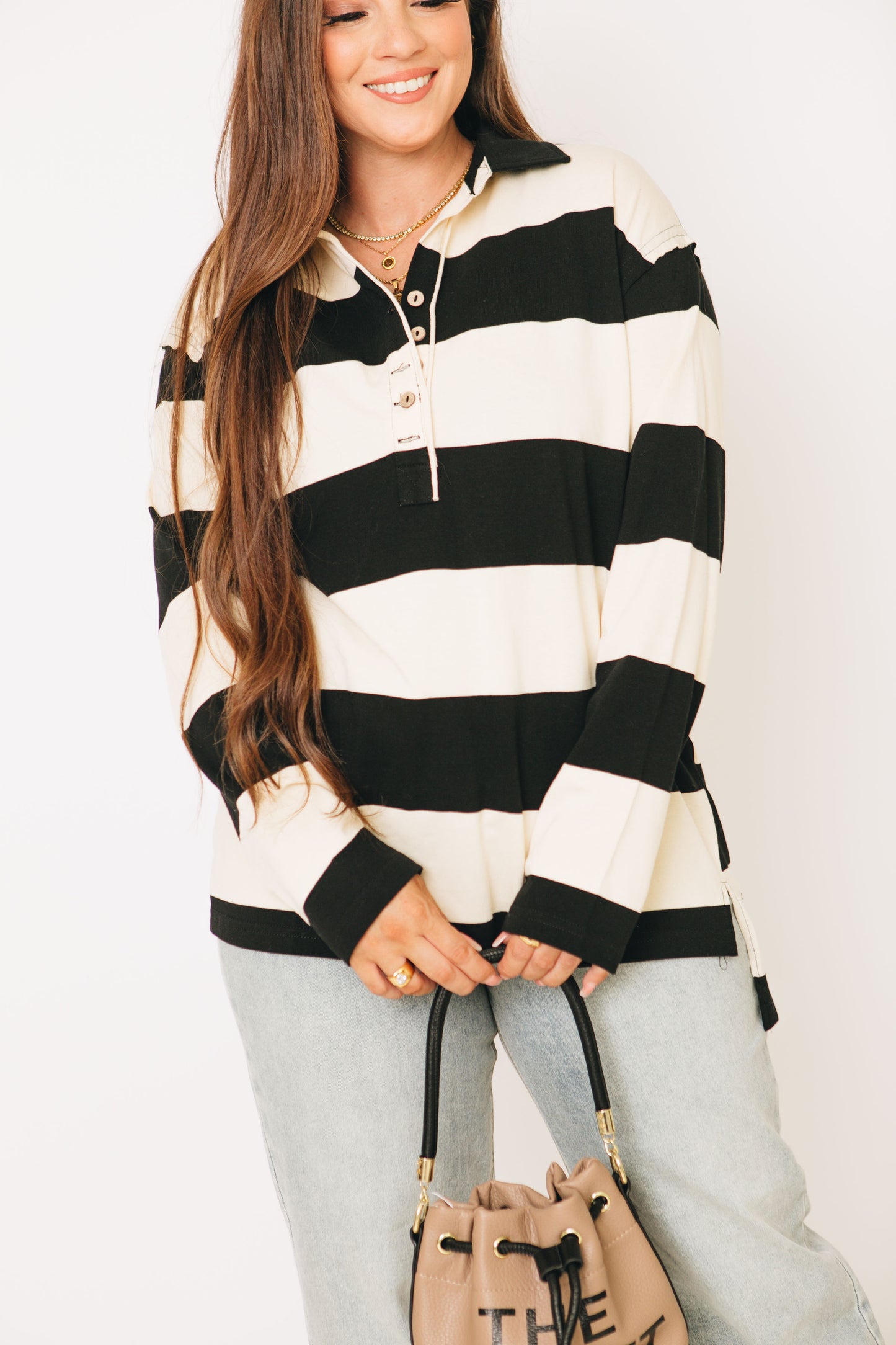 Jersey Knit Allover Striped Long Sleeve Top (S-3XL)