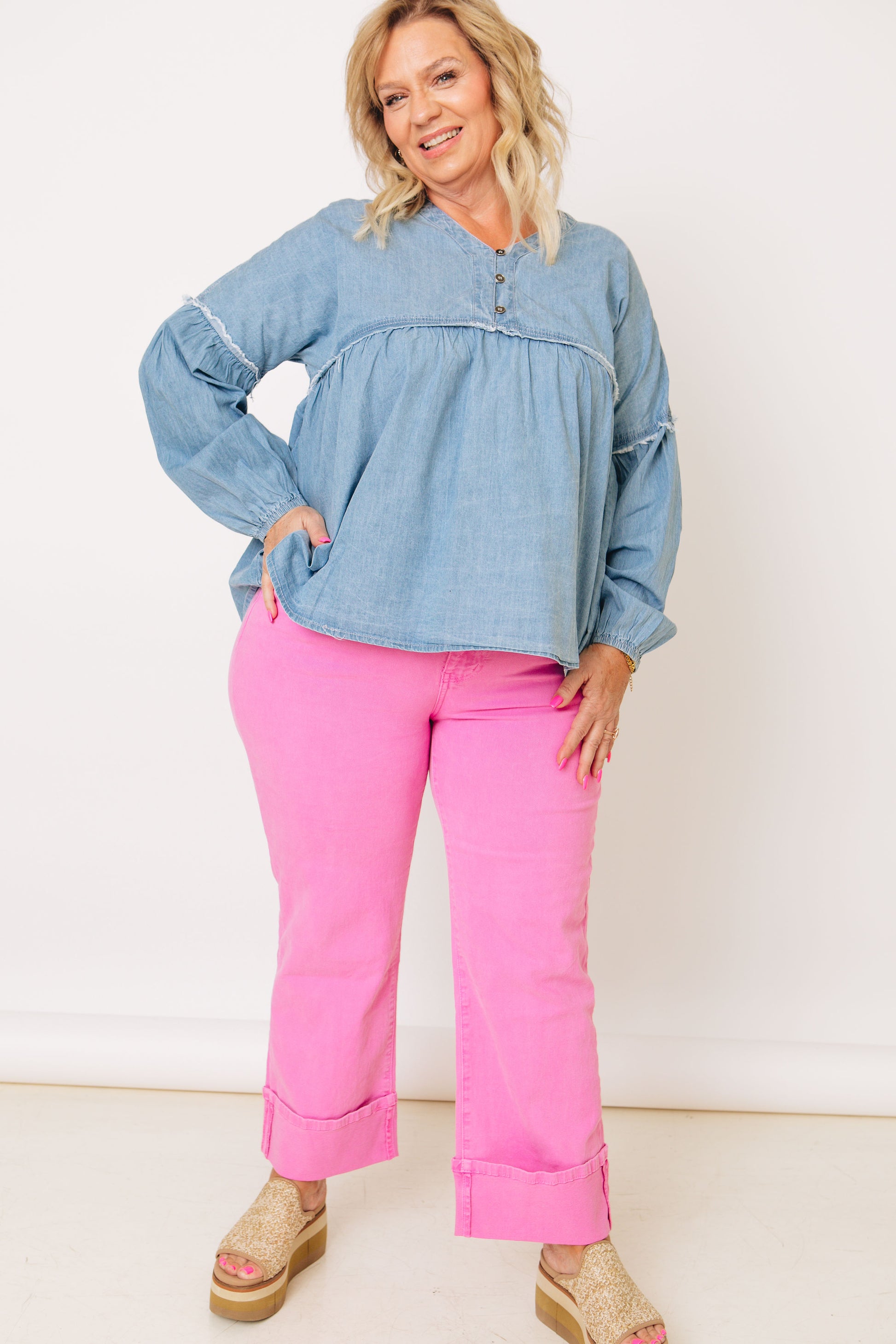 Bubble Gum Pink Textured Pants, Matching Set for Women