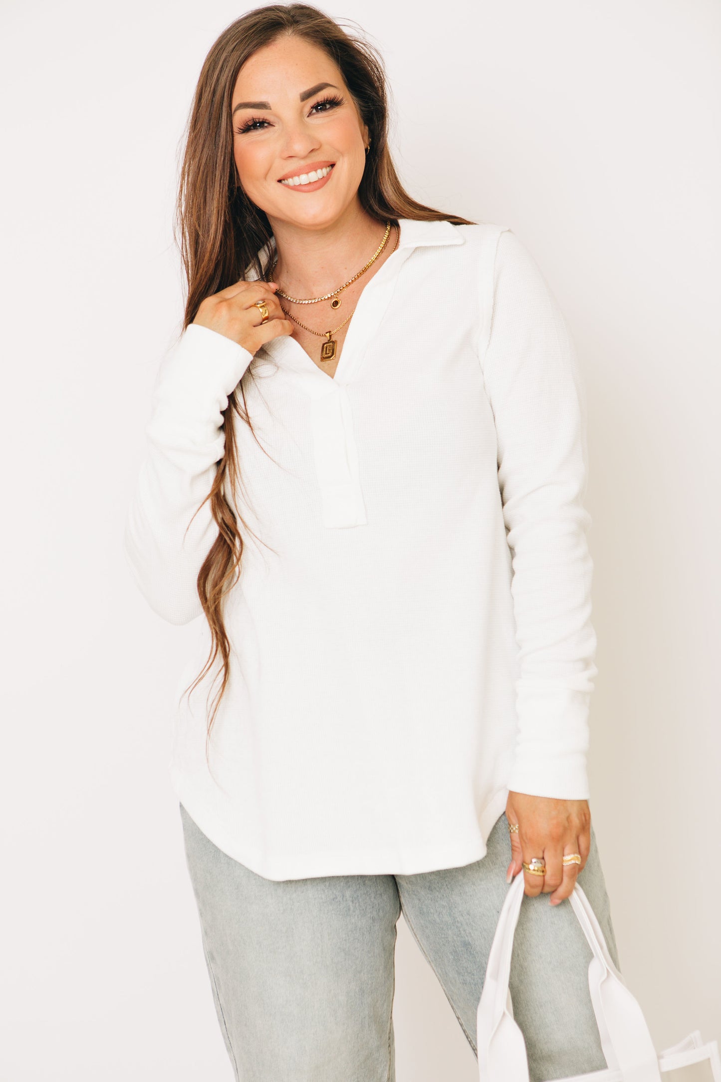 Thermal Henley Collared Top with Rounded Hem (S-3XL)