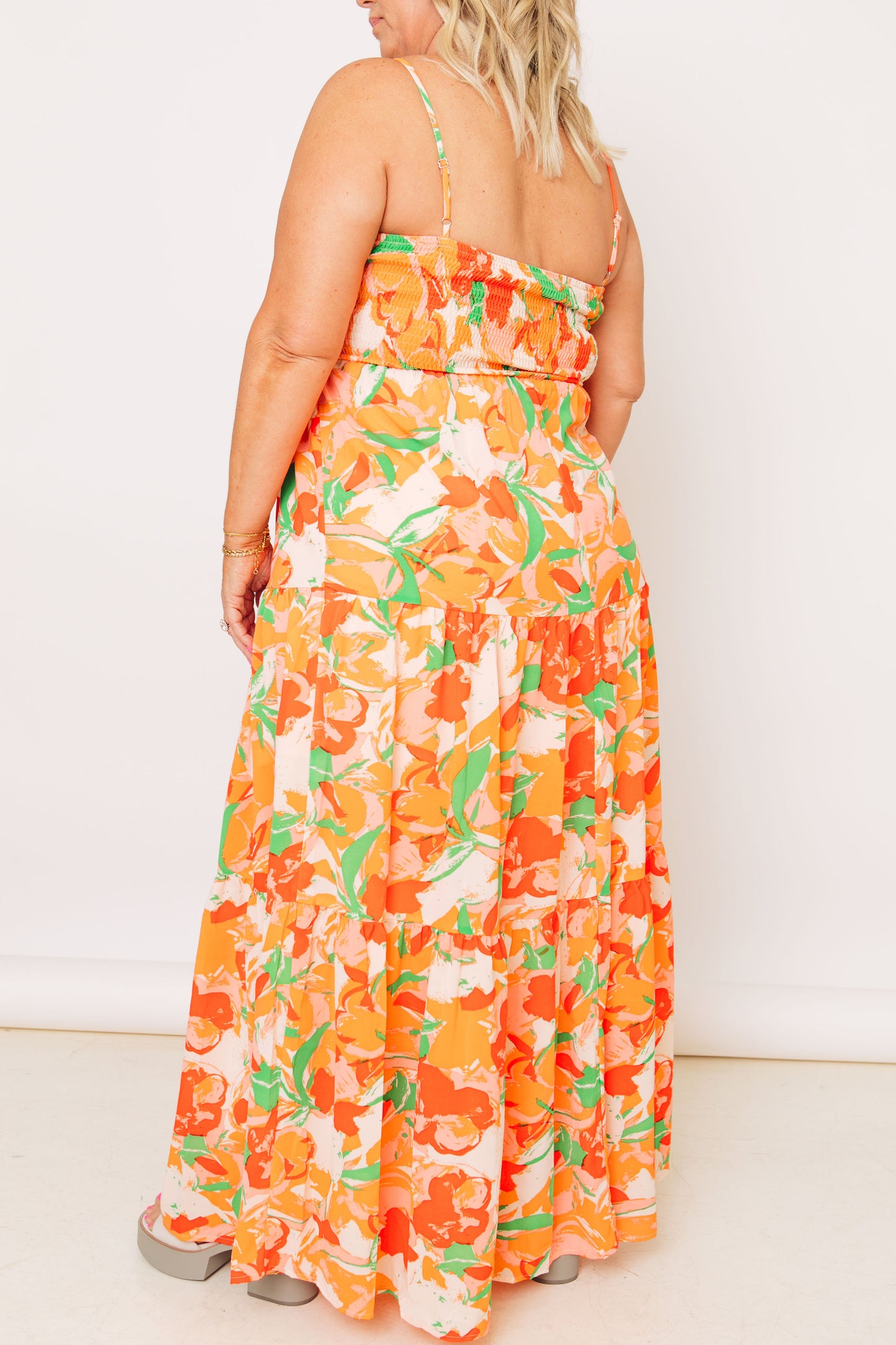 Floral Print V-Neck Tiered Maxi Dress Featuring Cut Out at Front (S-L)