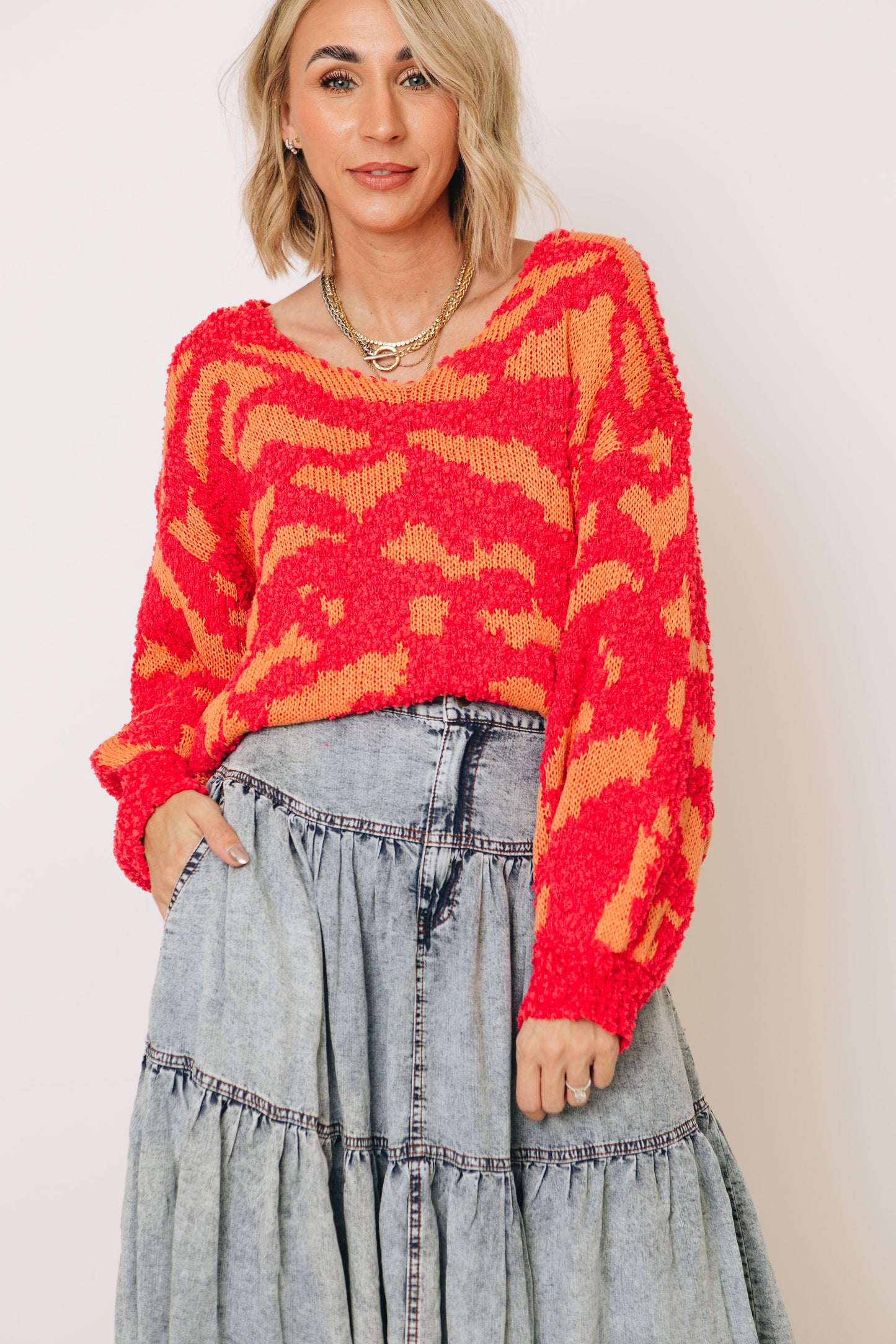 Marigold Maze Textured Pullover V-Neck Sweater (S-3XL)