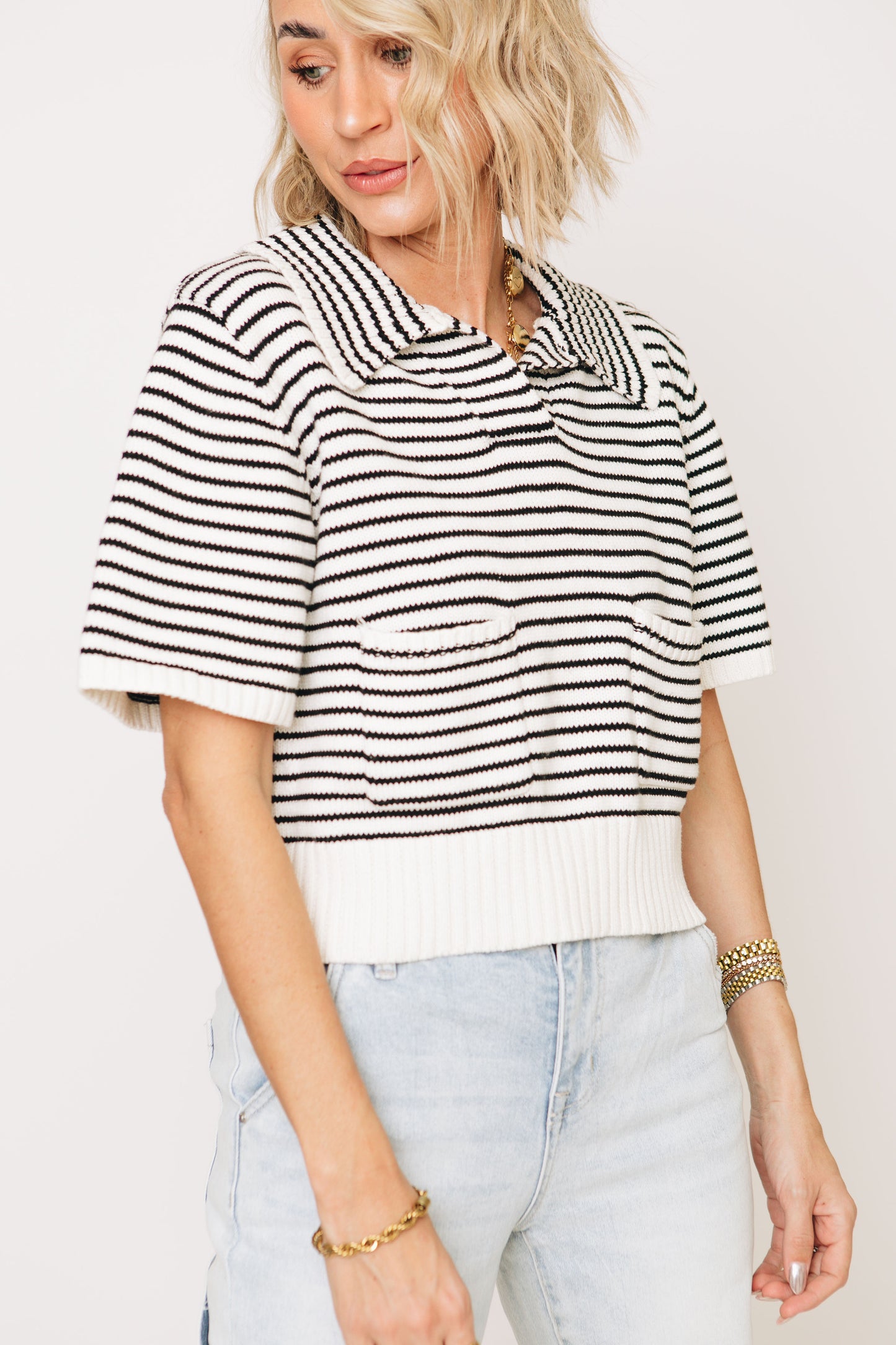 Harmony Stripe Knit Top With Front Pocket Detail (S-L)