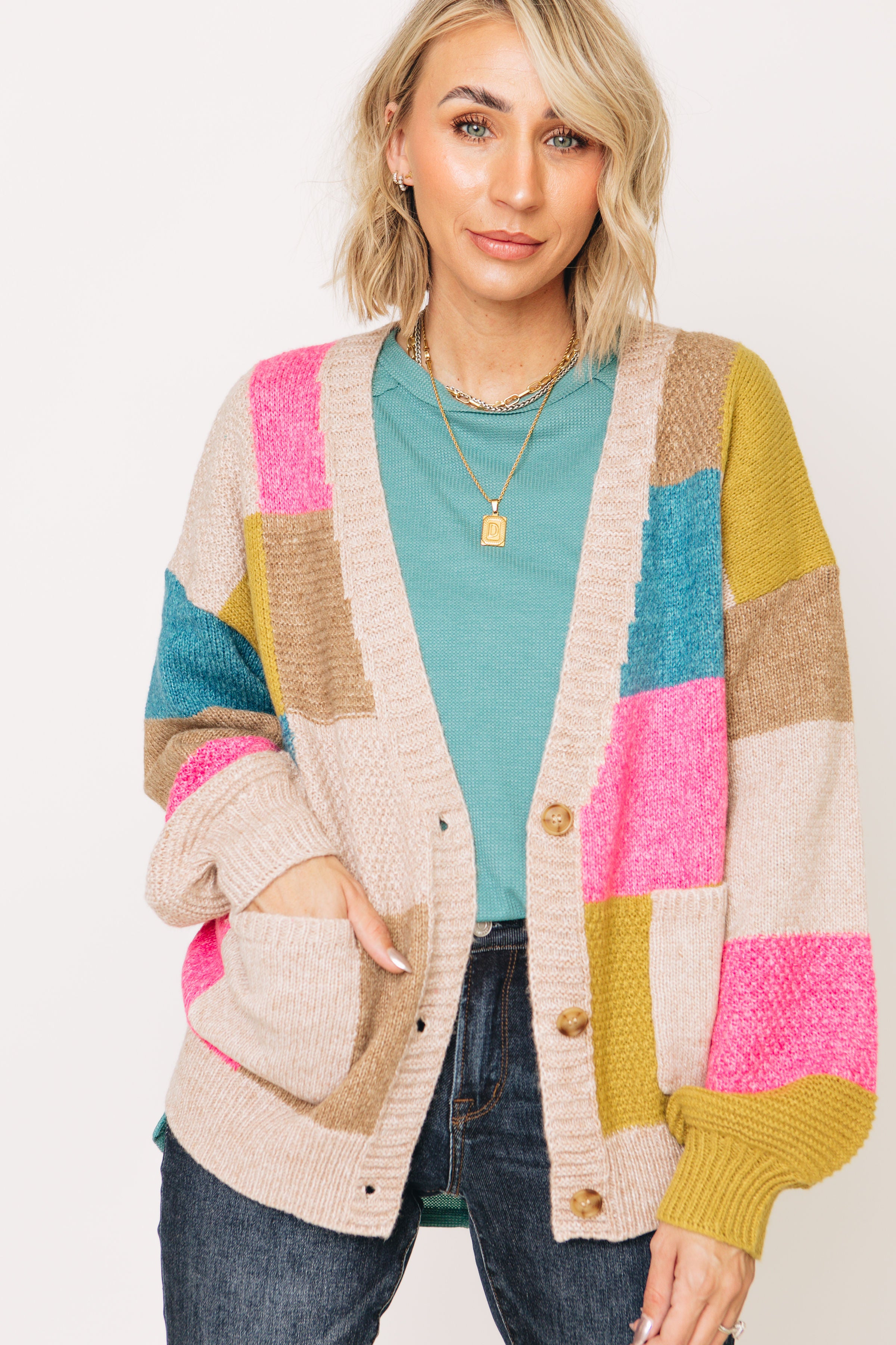 Button up color online block cardigan