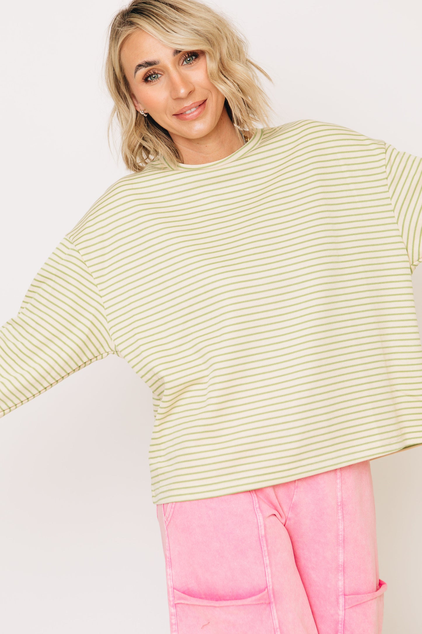 Zesty Lime Striped Crew Neck Long Sleeve Top (S-3XL)