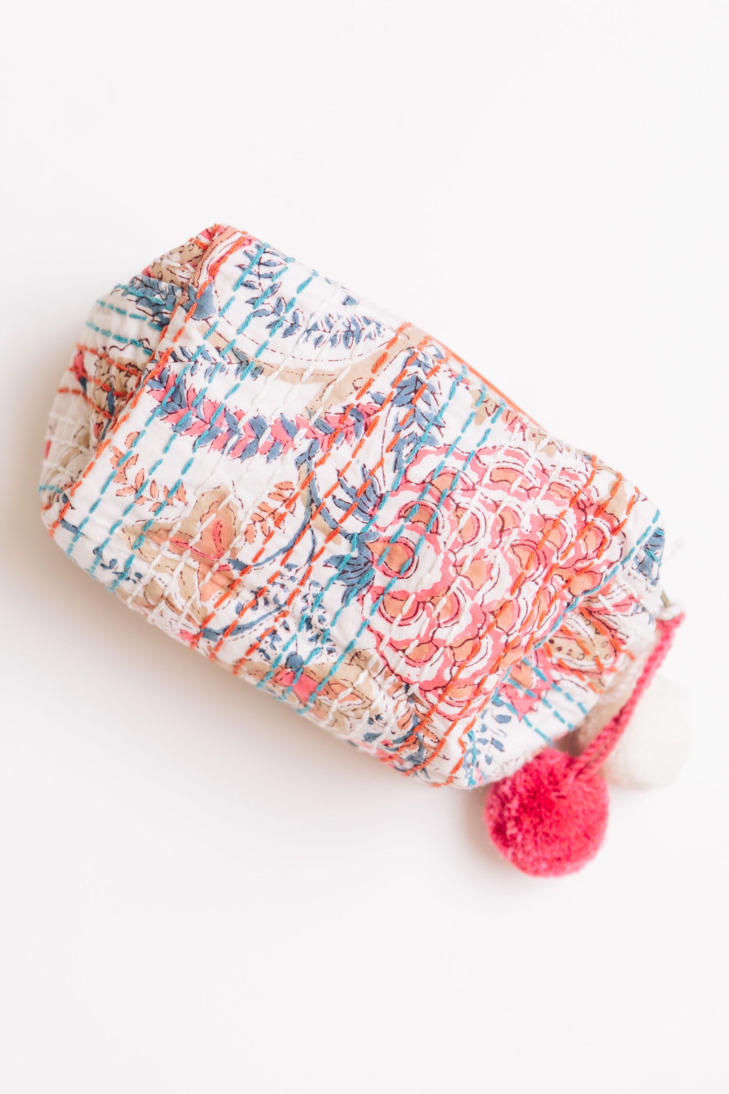 Floral Kantha Stitched Cosmetic Bag