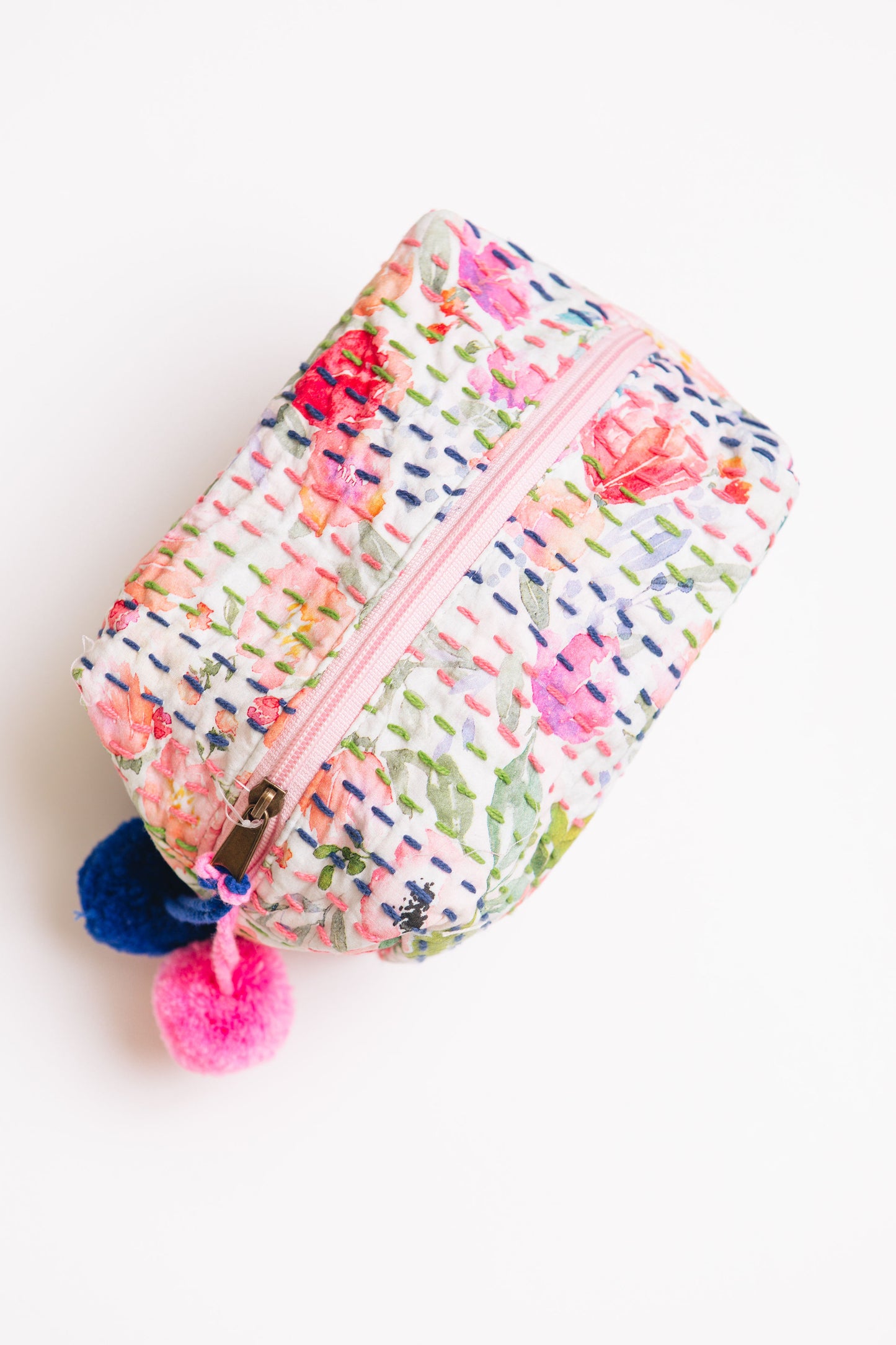 Pink Printed Kantha Stitched Cosmetic Bag