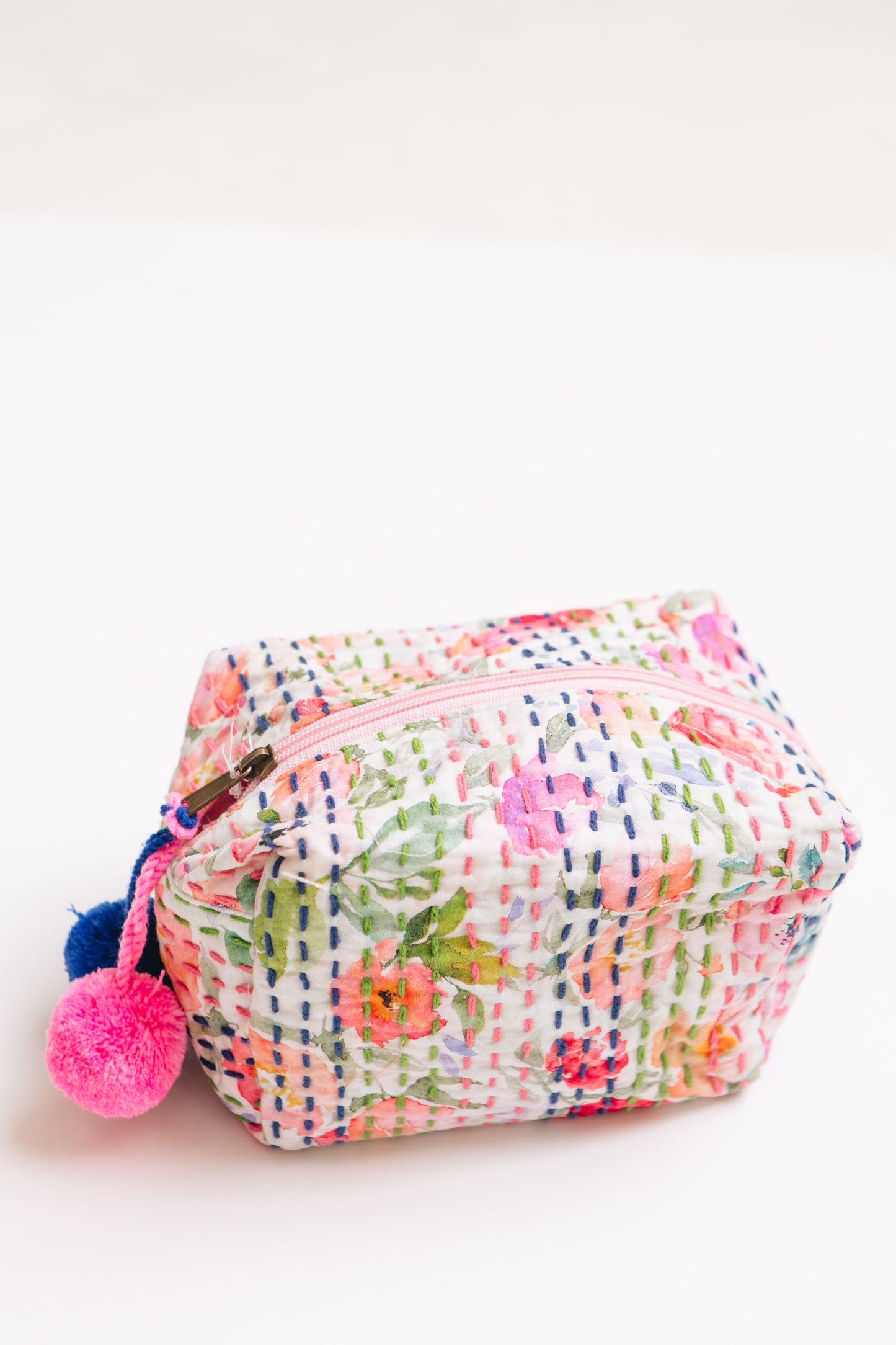 Pink Printed Kantha Stitched Cosmetic Bag