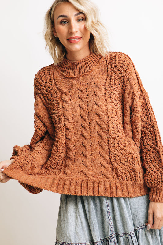 Cable Knit Balloon Sleeve Sweater (S-L)