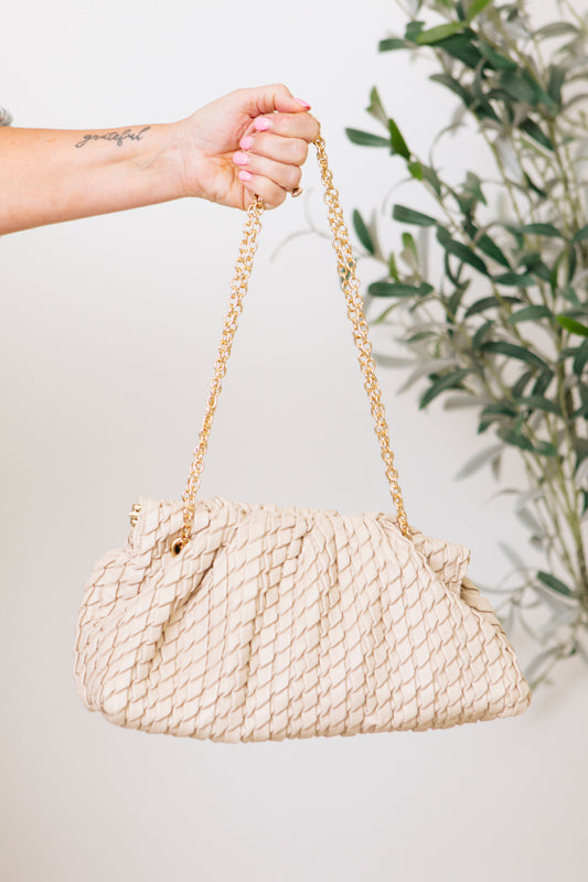 Rutie Ruched Woven Satchel Bag w/ Chain