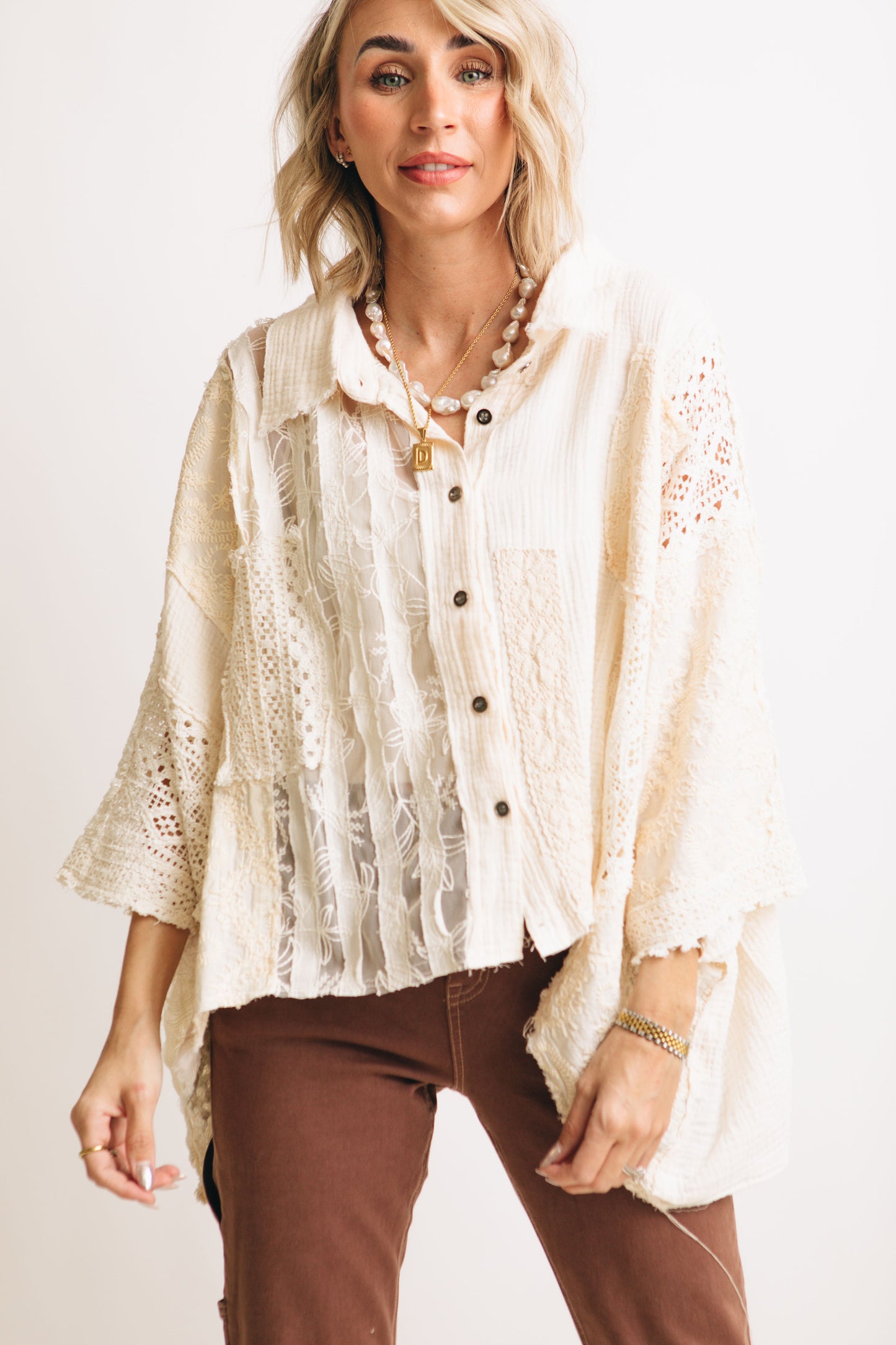 Pol - Ivory Lattice Embroidered Button Down Shirt (S-L)