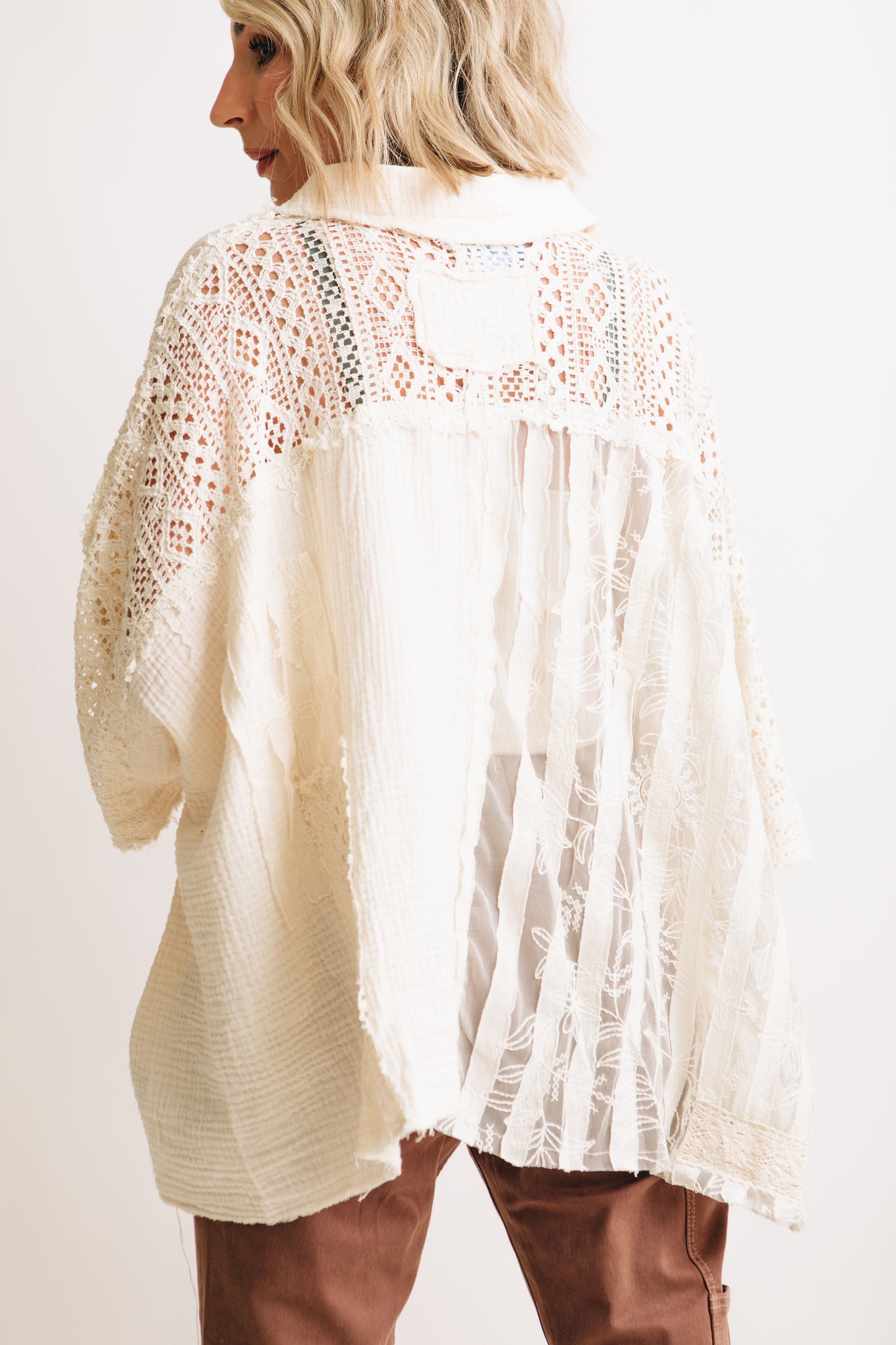 Pol - Ivory Lattice Embroidered Button Down Shirt (S-L)