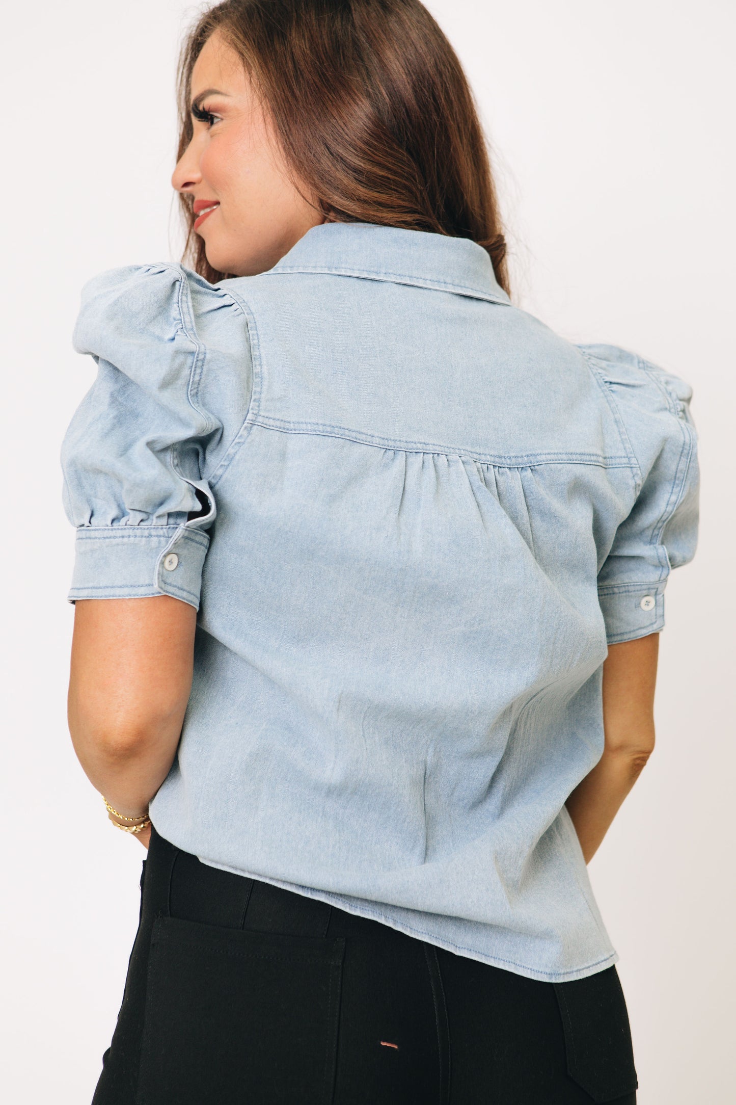 Denim Button Up Puff Sleeve Collared Top (S-L)