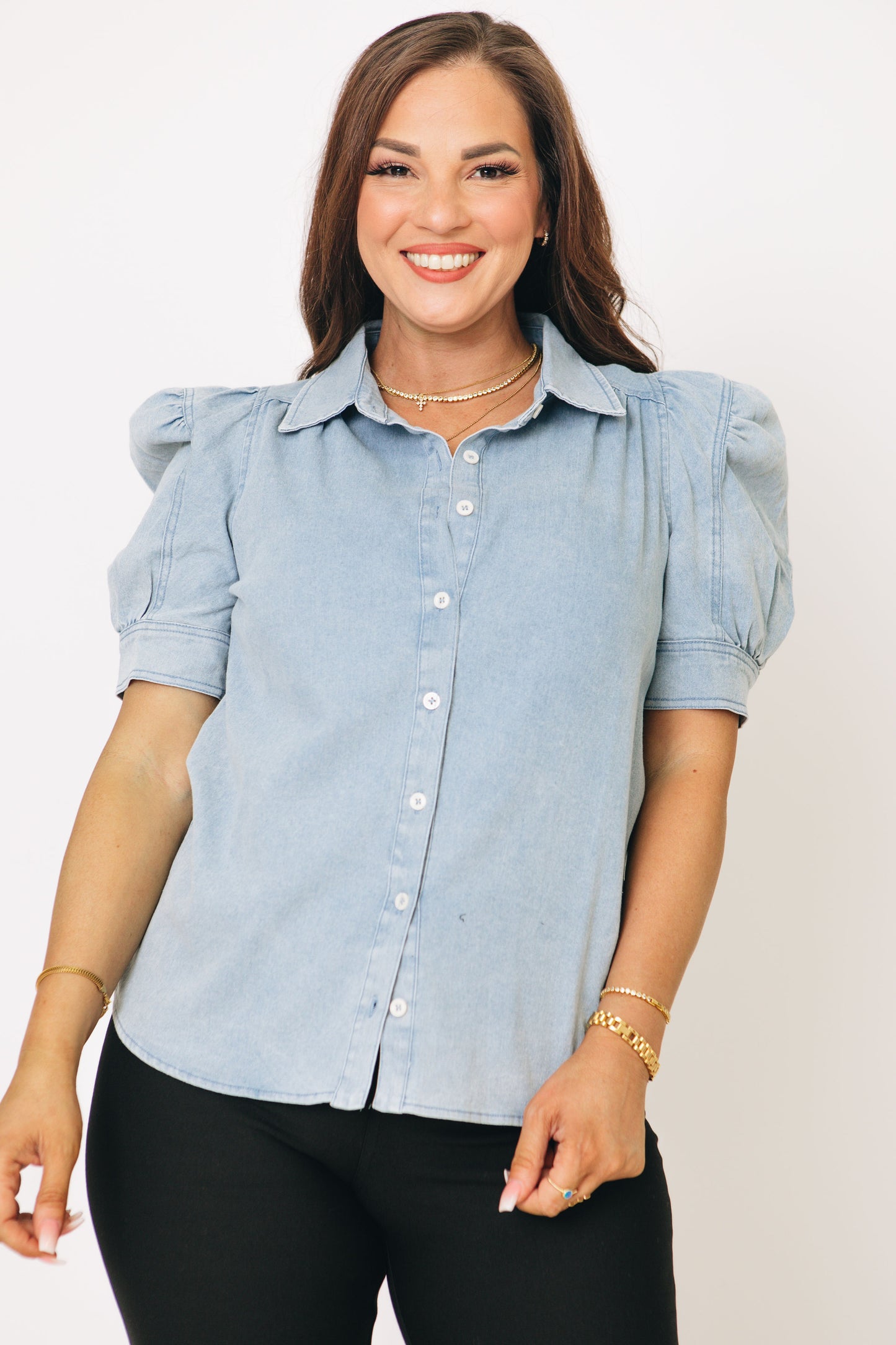 Denim Button Up Puff Sleeve Collared Top (S-L)