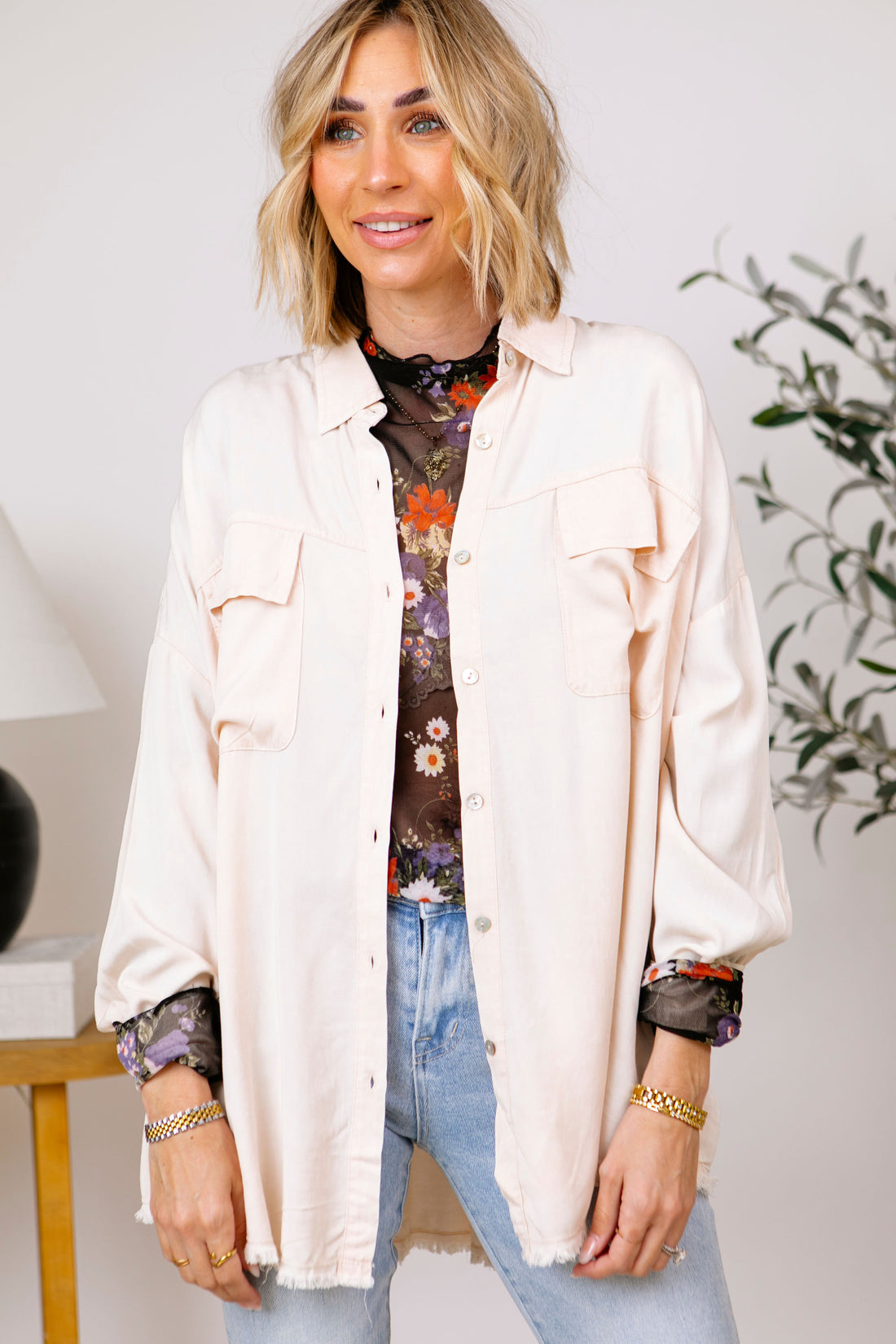 Mineral Washed Button Down Fringe Shirt (S-L)