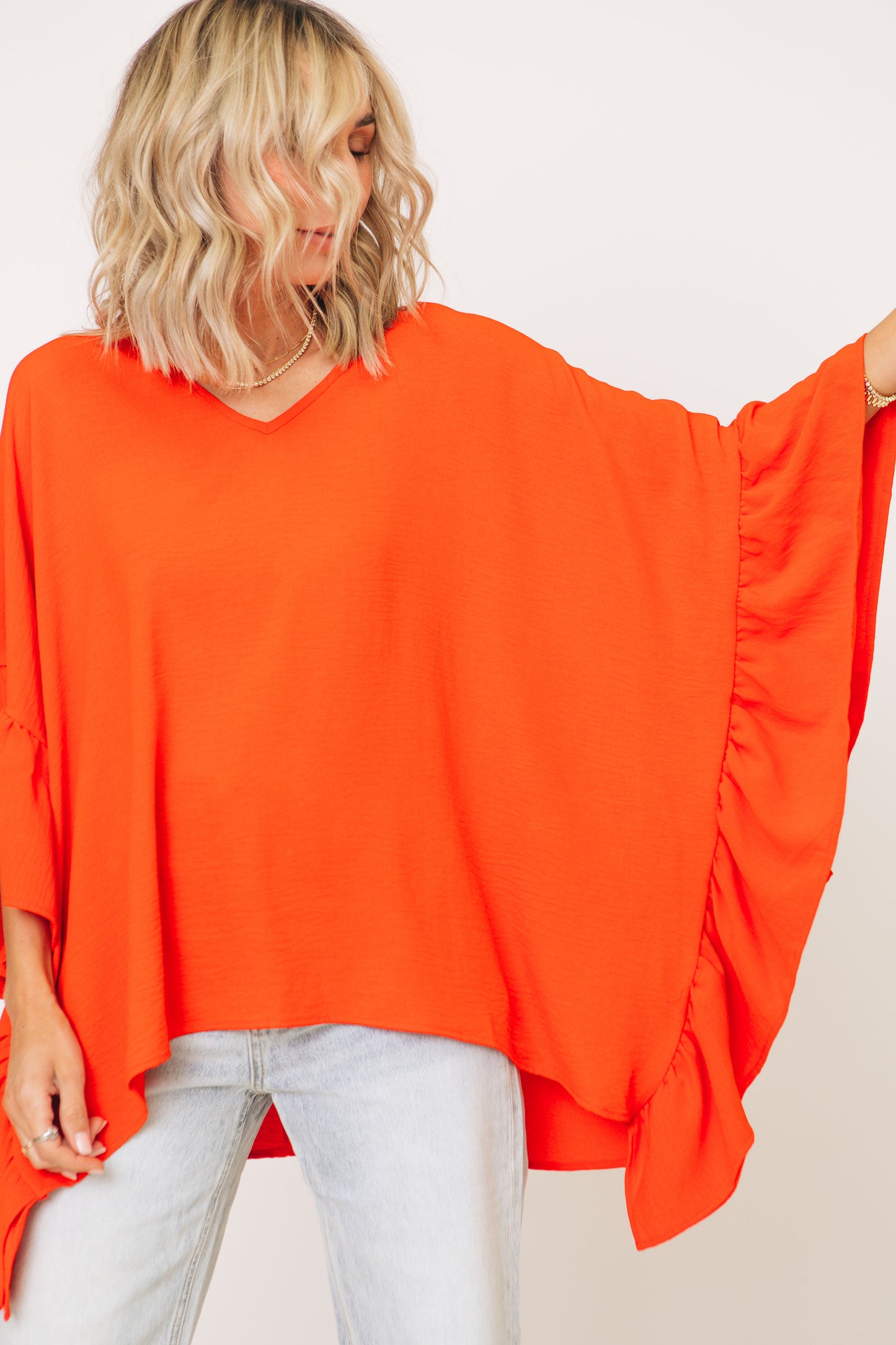 Loose Fit Ruffled Sleeves Poncho (S-L)