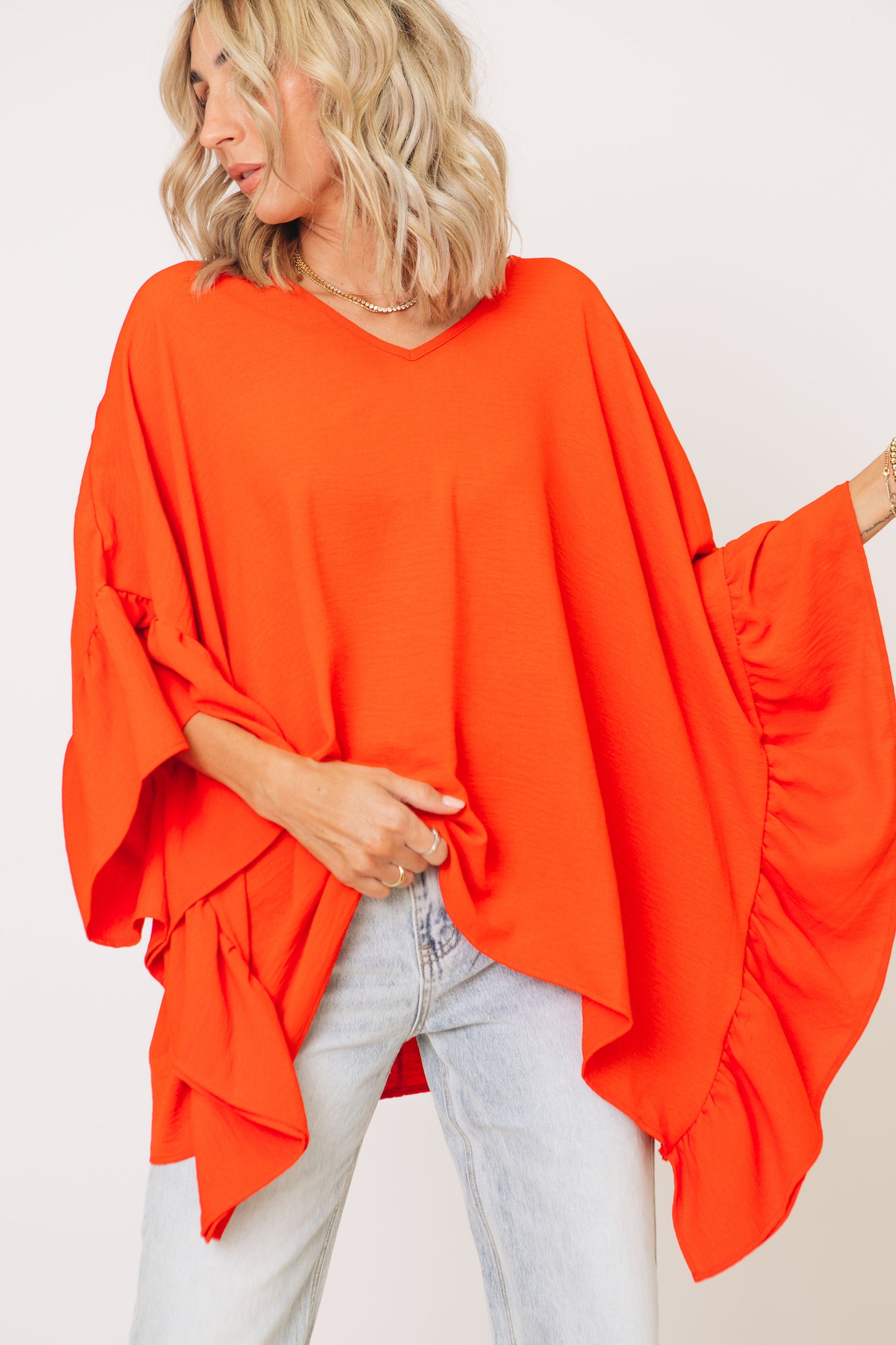 Loose Fit Ruffled Sleeves Poncho (S-L)