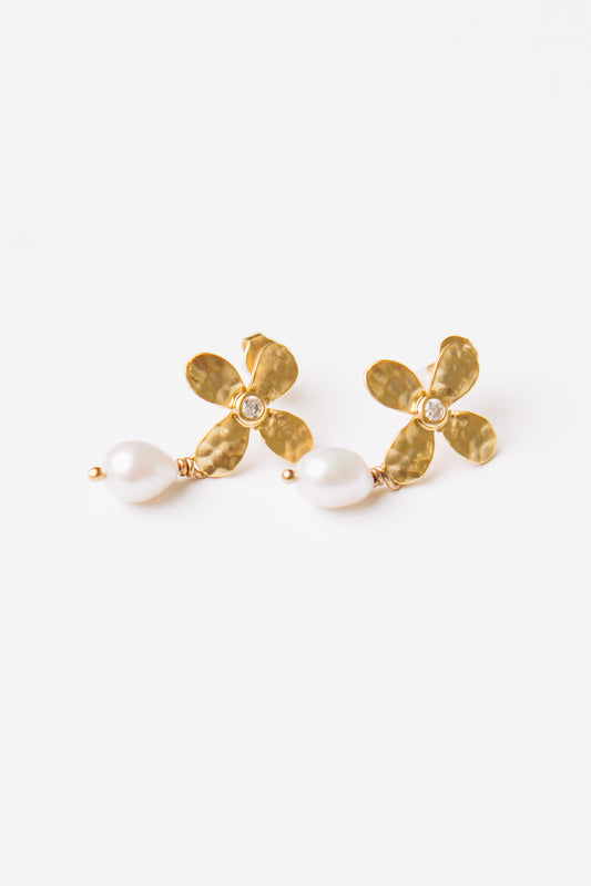 Floral Stud Pearl Drop Earrings