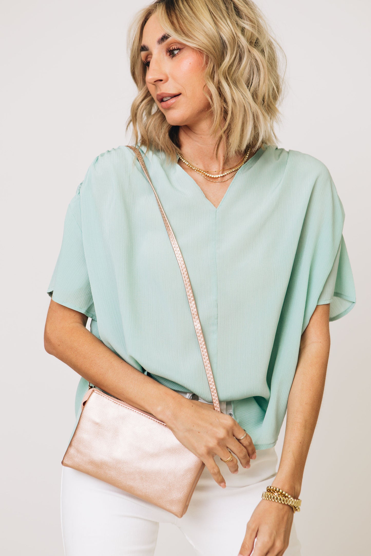 V-Neck Short Ruched Sleeve Top (S-3XL)