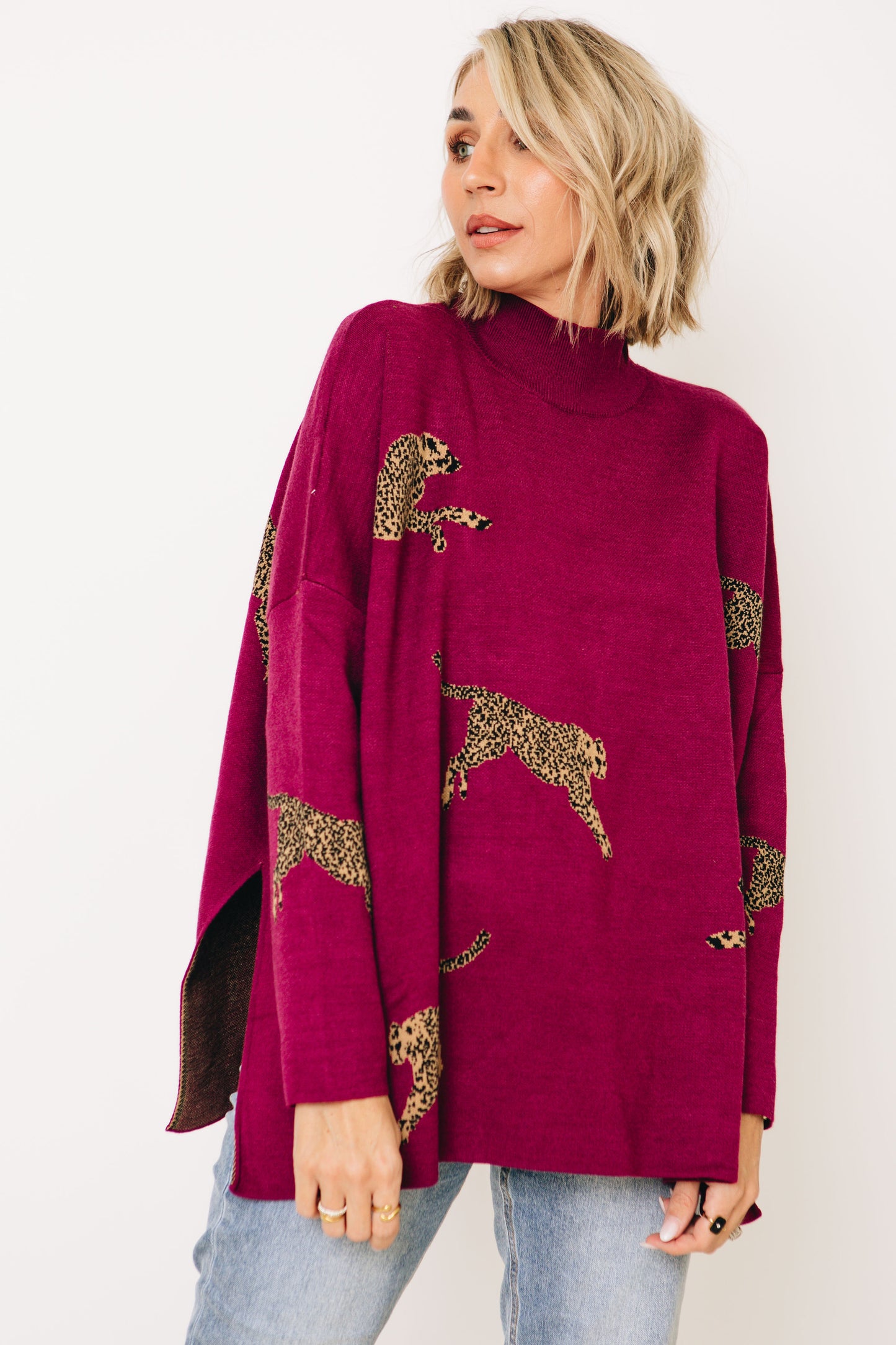 Regal Roar - Cheetah Print Mock Neck Long Sleeve Sweater (S-2XL)