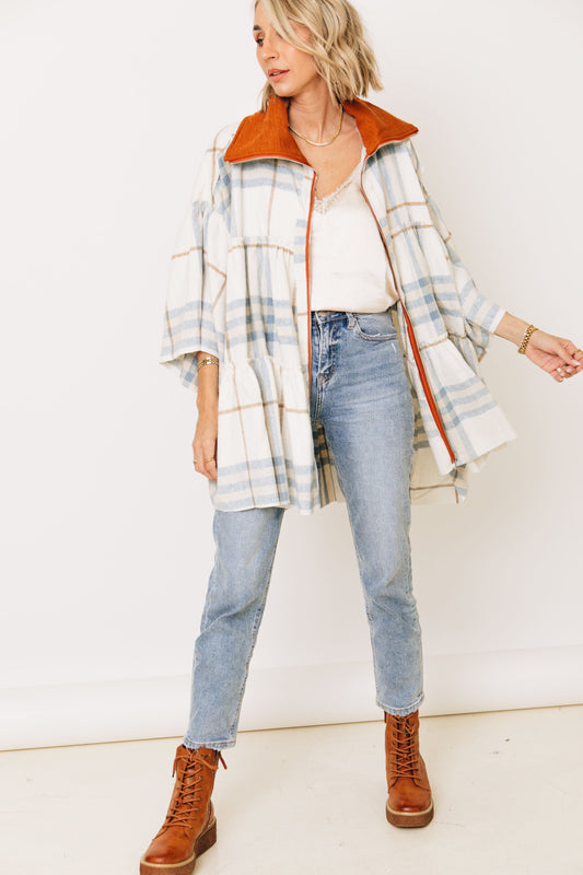 Urban Vogue Tiered Brushed Plaid Poncho (S-3XL)