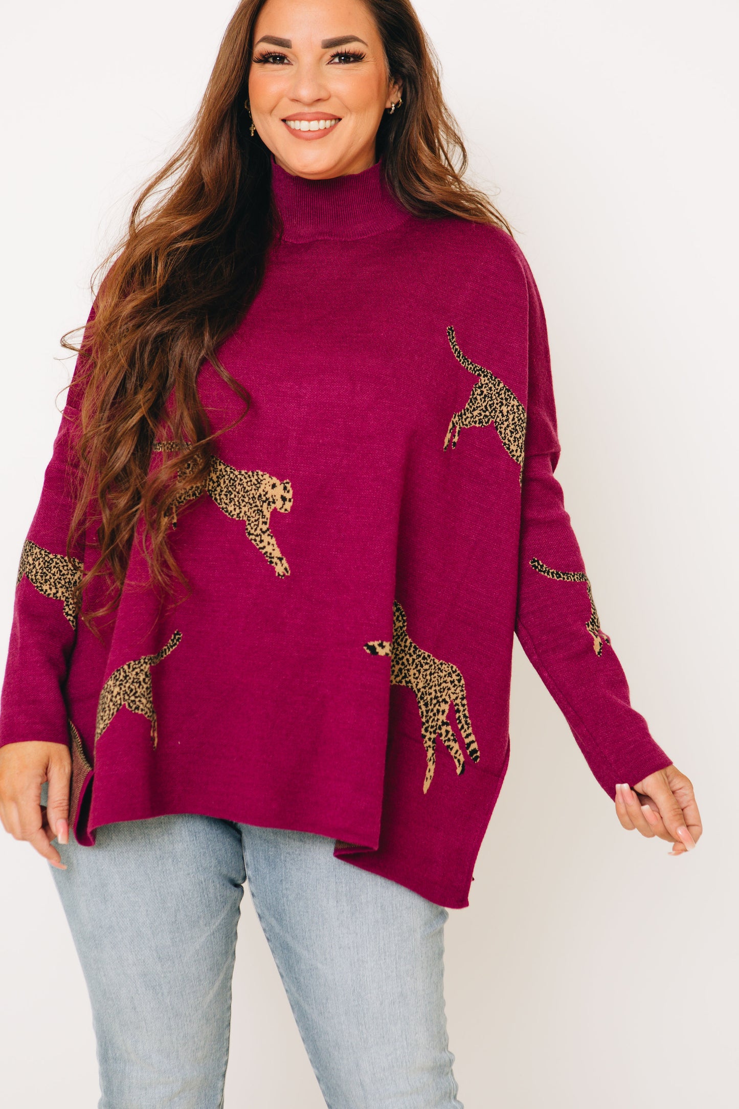 Regal Roar - Cheetah Print Mock Neck Long Sleeve Sweater (S-2XL)