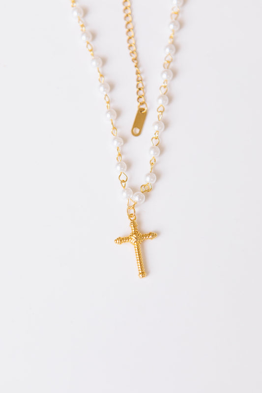 Cabled Pearl Cross Pendant Necklace